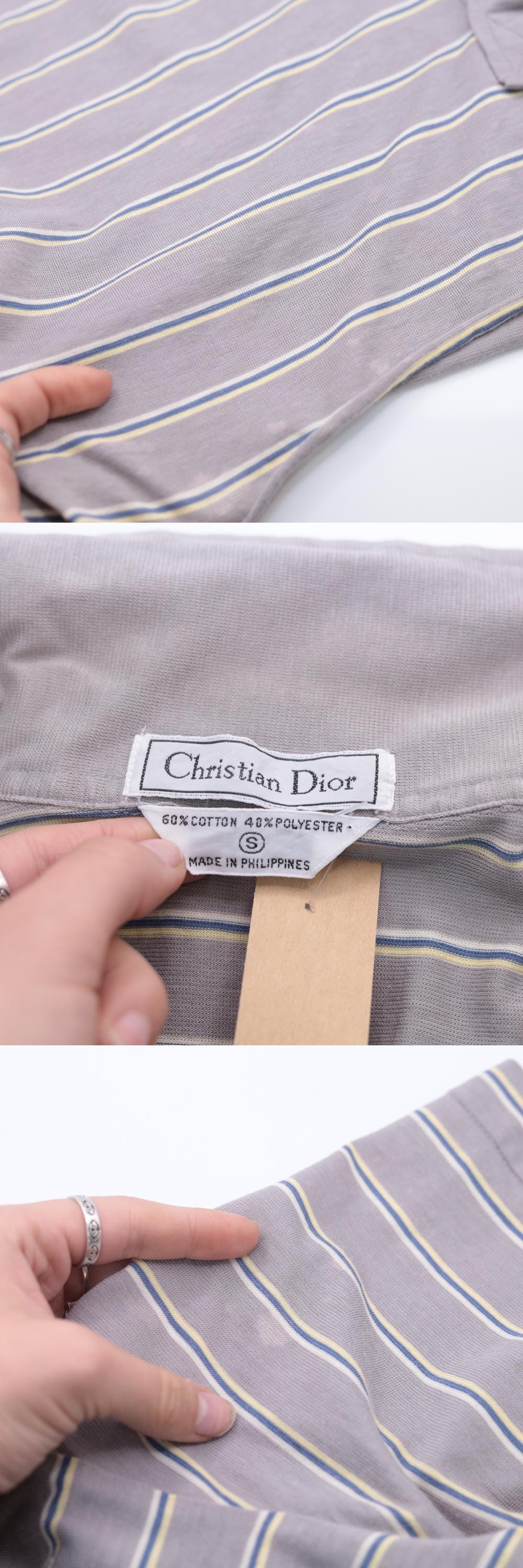 90s Christian Dior Polo Shirt Grey Striped Crop Top Small S