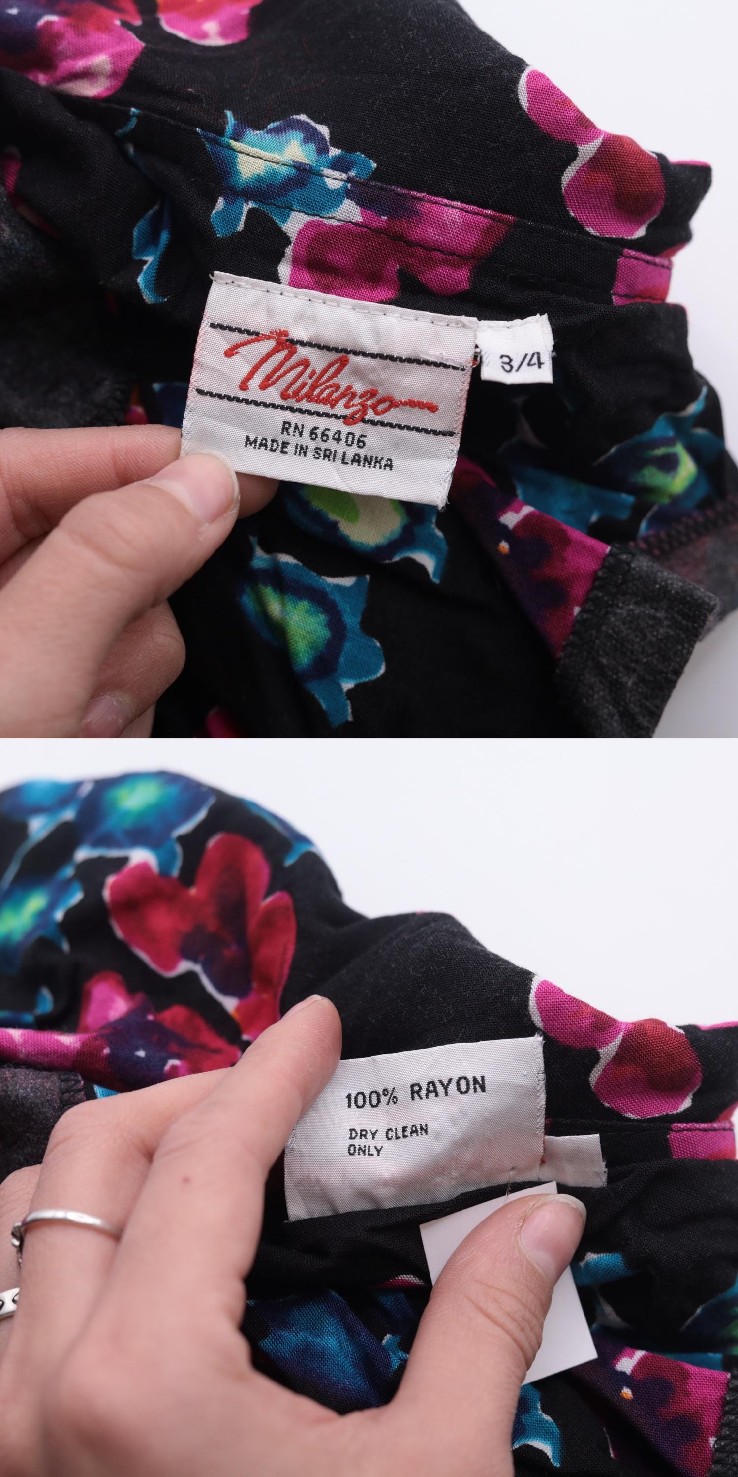 80s Milarzo Floral Peplum Mini Dress Black Double Breasted Puff Sleeve Small