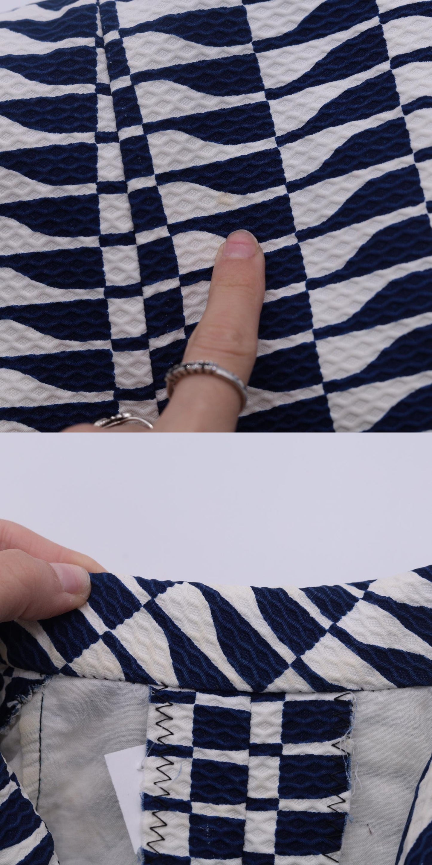 60s Mod Mini Dress Op Art Print A-Line Button Up Navy White Small