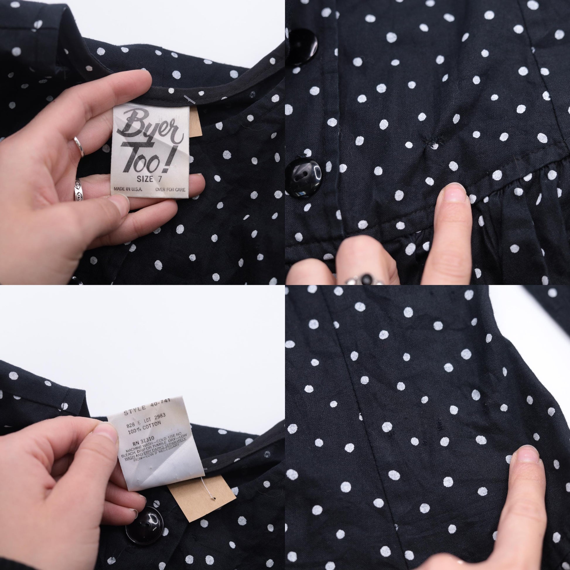 80s Black Polka Dot Mini Dress Button-Up Long Sleeve Tiered Ruffle Small