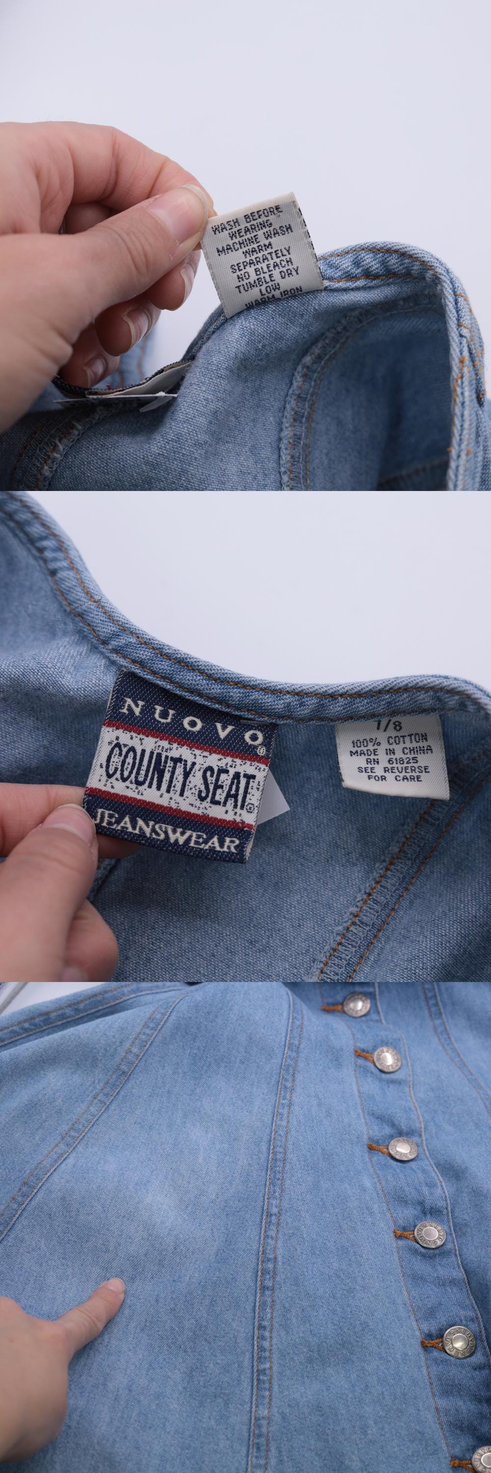 90s County Seat Denim Mini Dress Blue Button-Up Sleeveless Small S