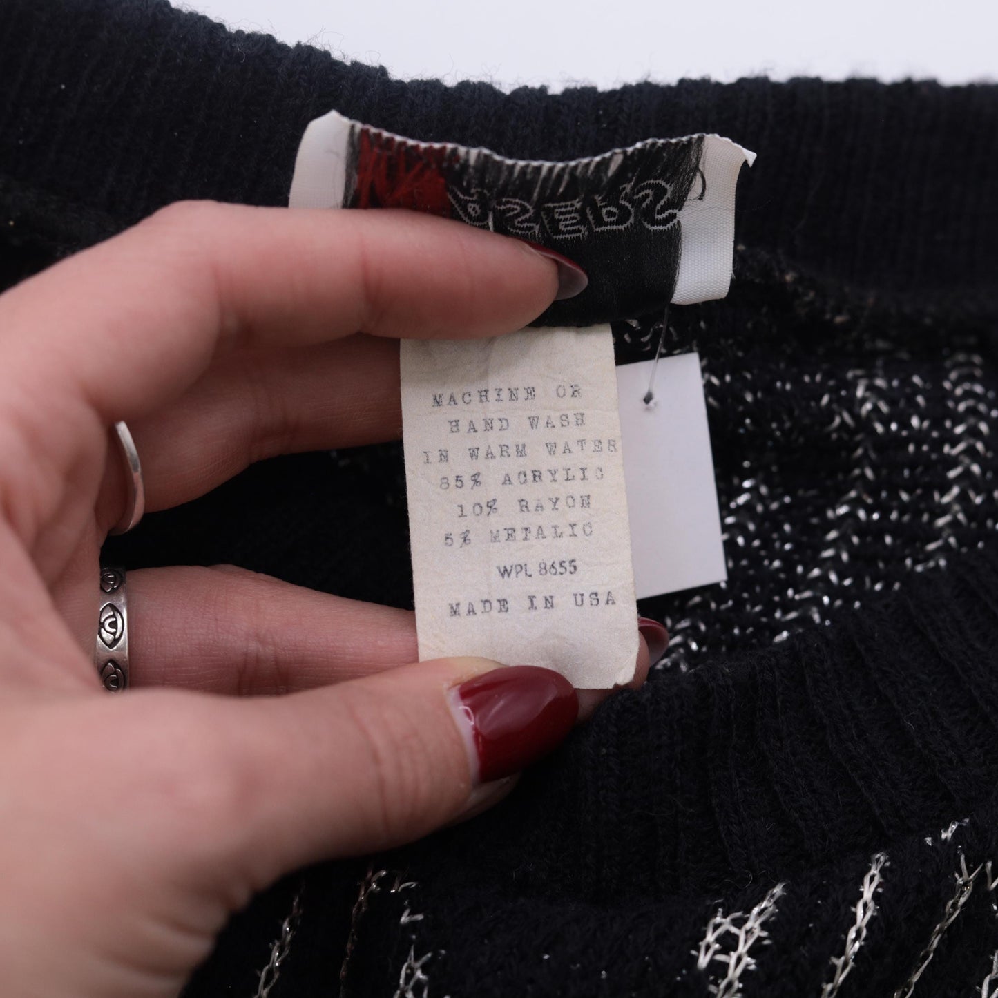 80s Black Metallic Striped Sweater Silver Abstract Knit Small Medium