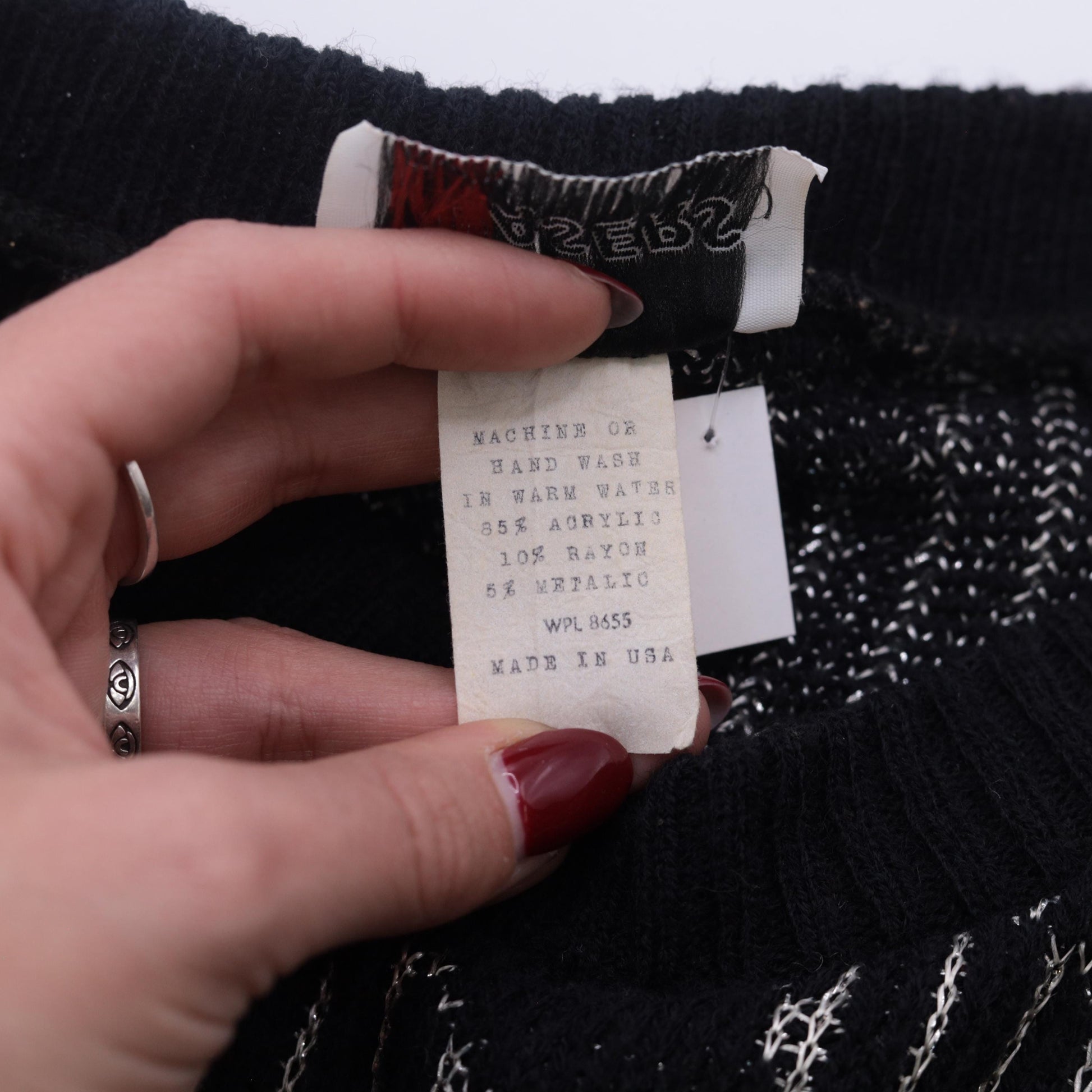 80s Black Metallic Striped Sweater Silver Abstract Knit Small Medium