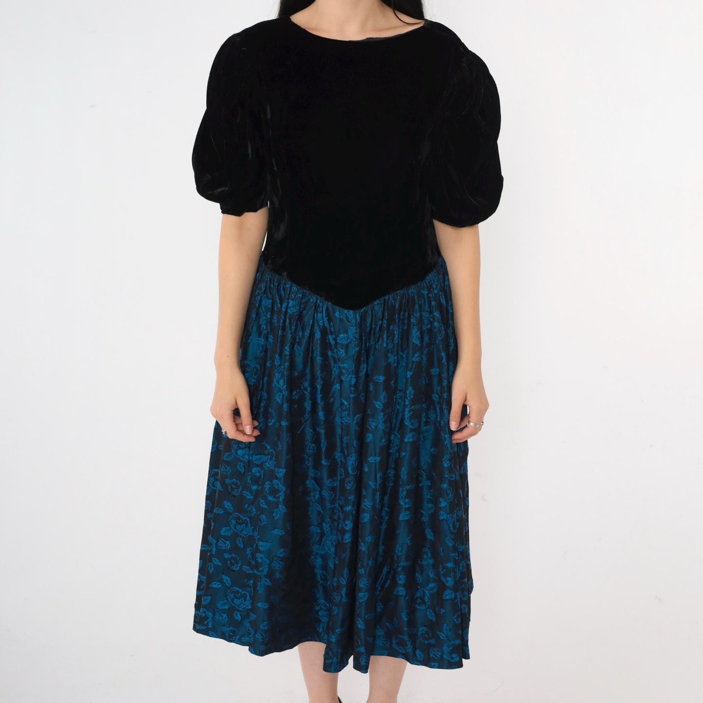80s Black Velvet Puff Sleeve Dress Blue Floral Jacquard Midi V Back Small