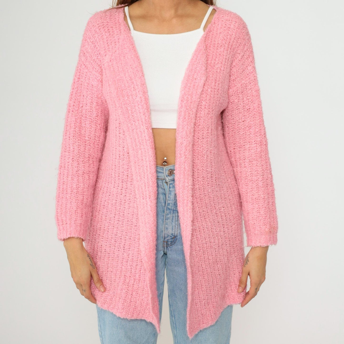80s Pink Ribbed Knit Cardigan Open Front Wrap Sweater Medium Large