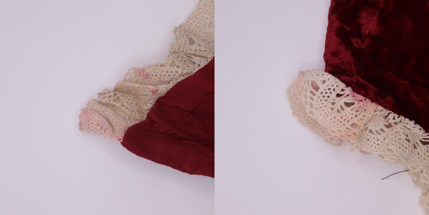 60s Red Velvet Crop Top Lace Trim Puff Sleeve Blouse Extra Small