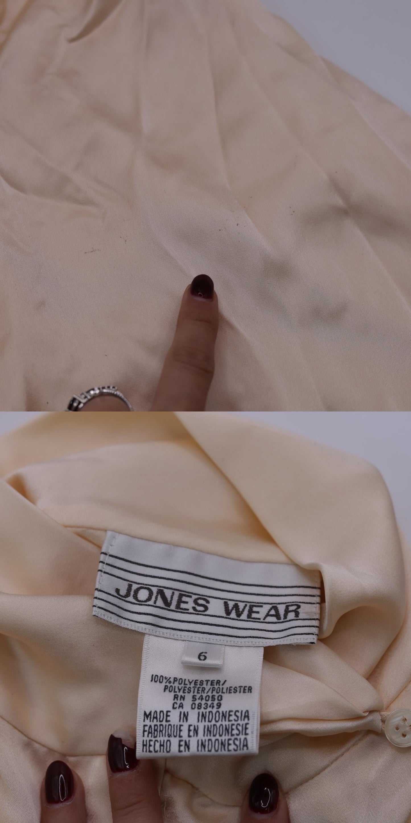 80s Jones Wear Cream Satin Mock Neck Blouse Long Sleeve Small 6