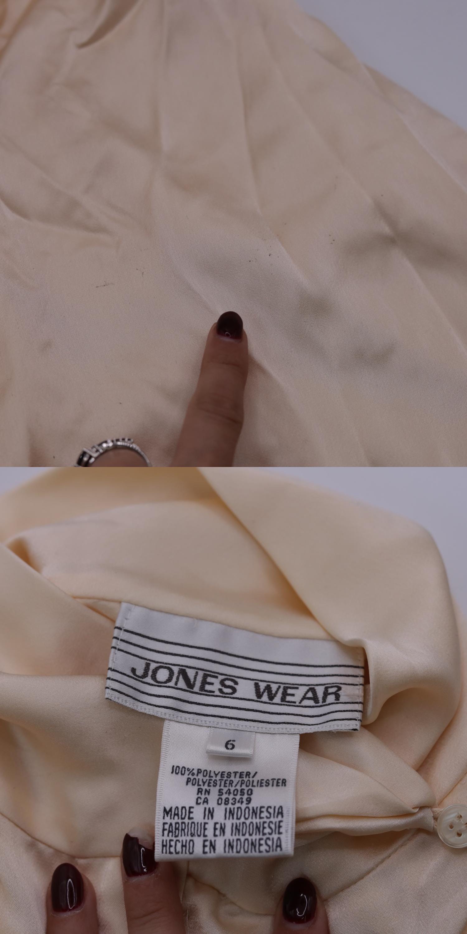 80s Jones Wear Cream Satin Mock Neck Blouse Long Sleeve Small 6