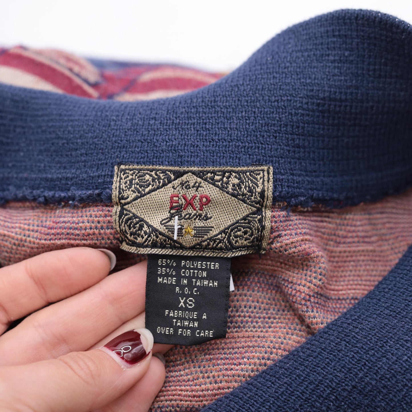 90s Southwestern Tapestry Button Up Blouse Navy Blue Red Long Sleeve Extra Small