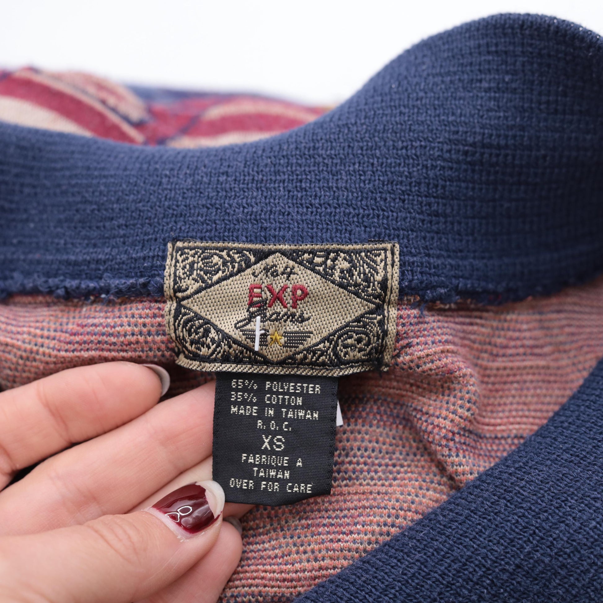 90s Southwestern Tapestry Button Up Blouse Navy Blue Red Long Sleeve Extra Small