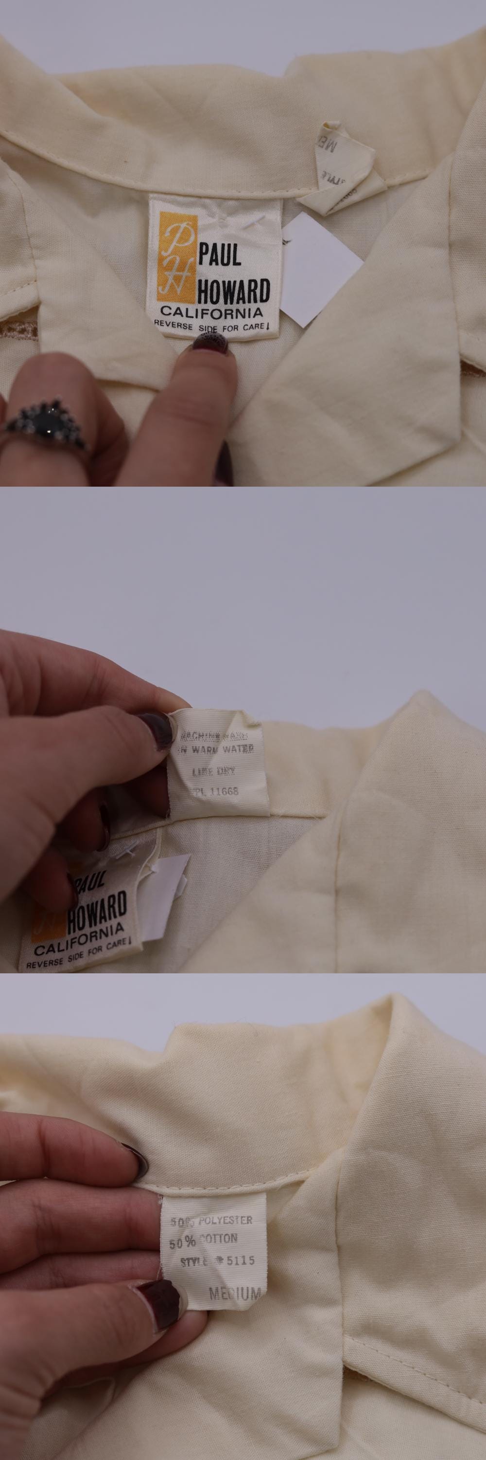 70s Paul Howard California Eyelet Striped Polo Shirt Cream Medium M