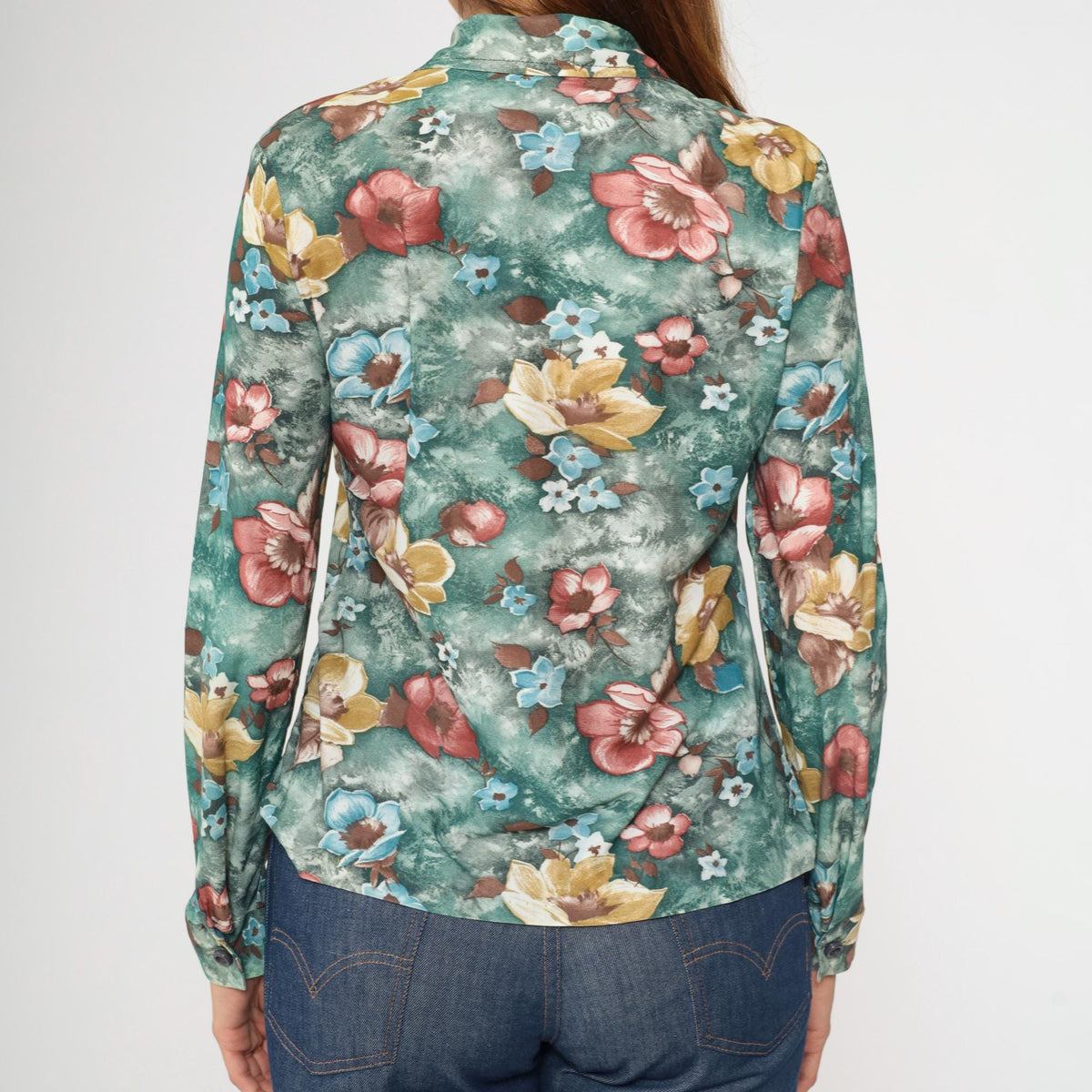 70s Green Floral Button-Up Blouse Long Sleeve Pointed Collar Medium