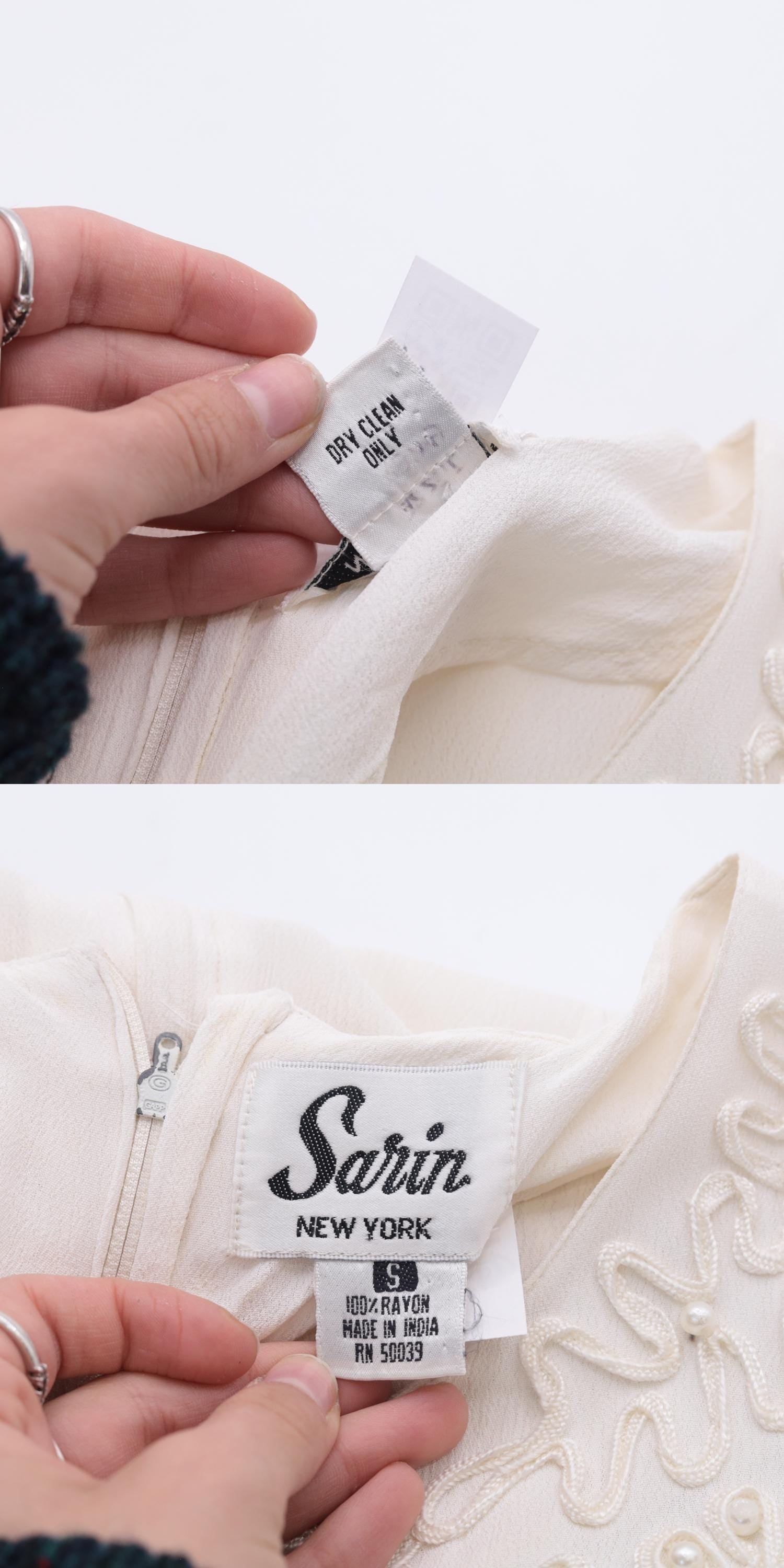 90s Sarin White Beaded Soutache Midi Dress Puff Sleeve Low Waist Small