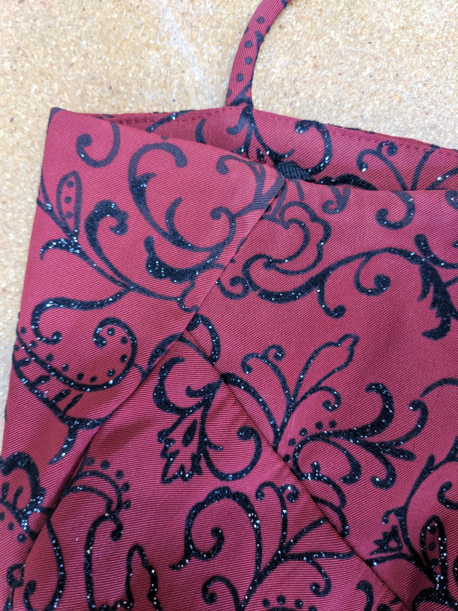 90s La Belle Red Floral Midi Dress Glittery Flocked Empire Waist Medium