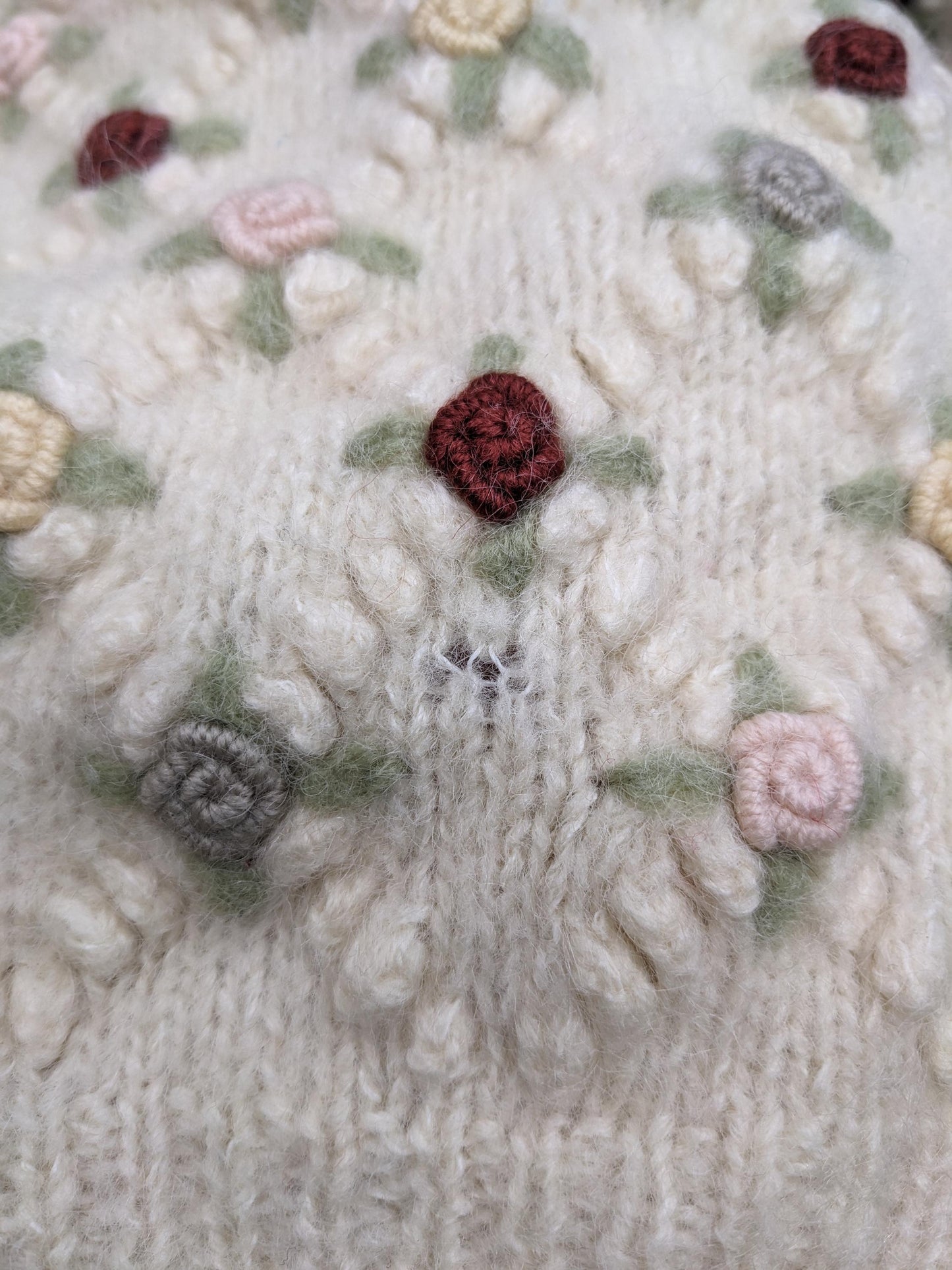 60s Wool Cardigan Cream Floral Embroidery Cropped 3/4 Sleeve Extra Small