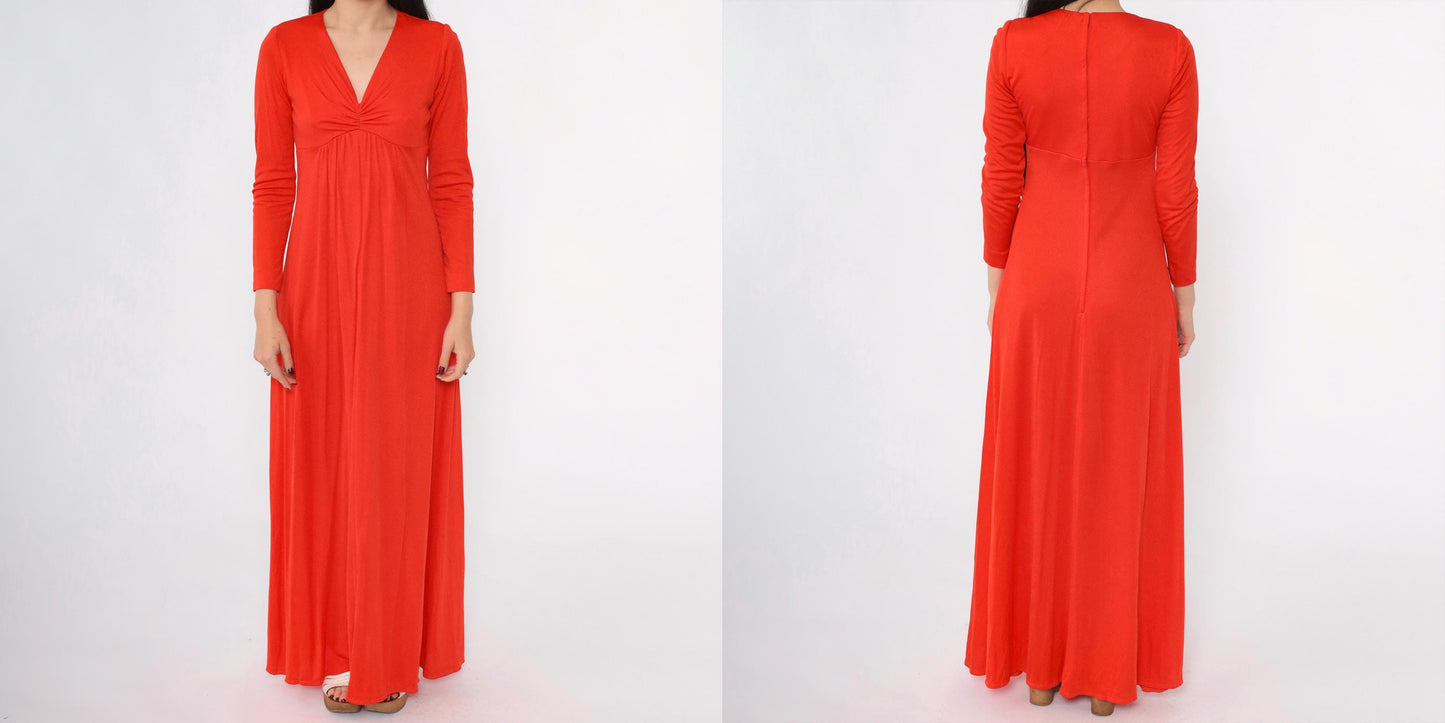 70s Red Maxi Dress Empire Waist V-Neck Long Sleeve Small S