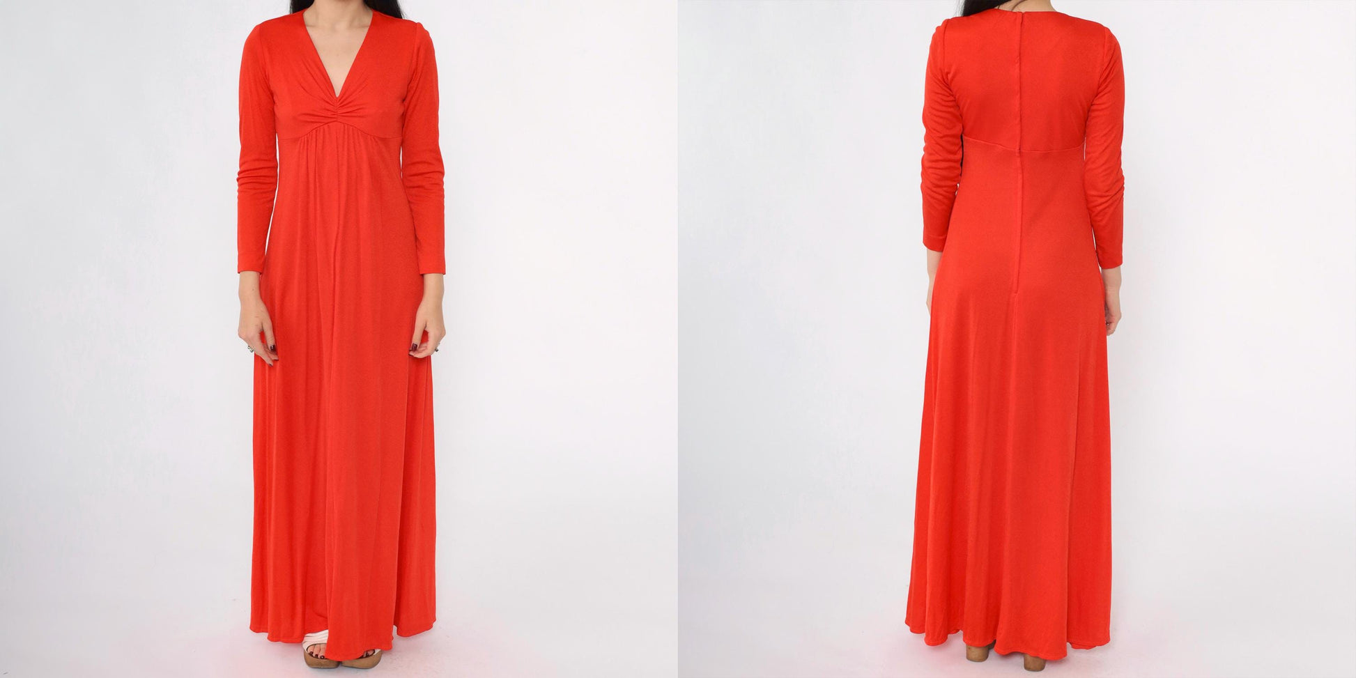 70s Red Maxi Dress Empire Waist V-Neck Long Sleeve Small S