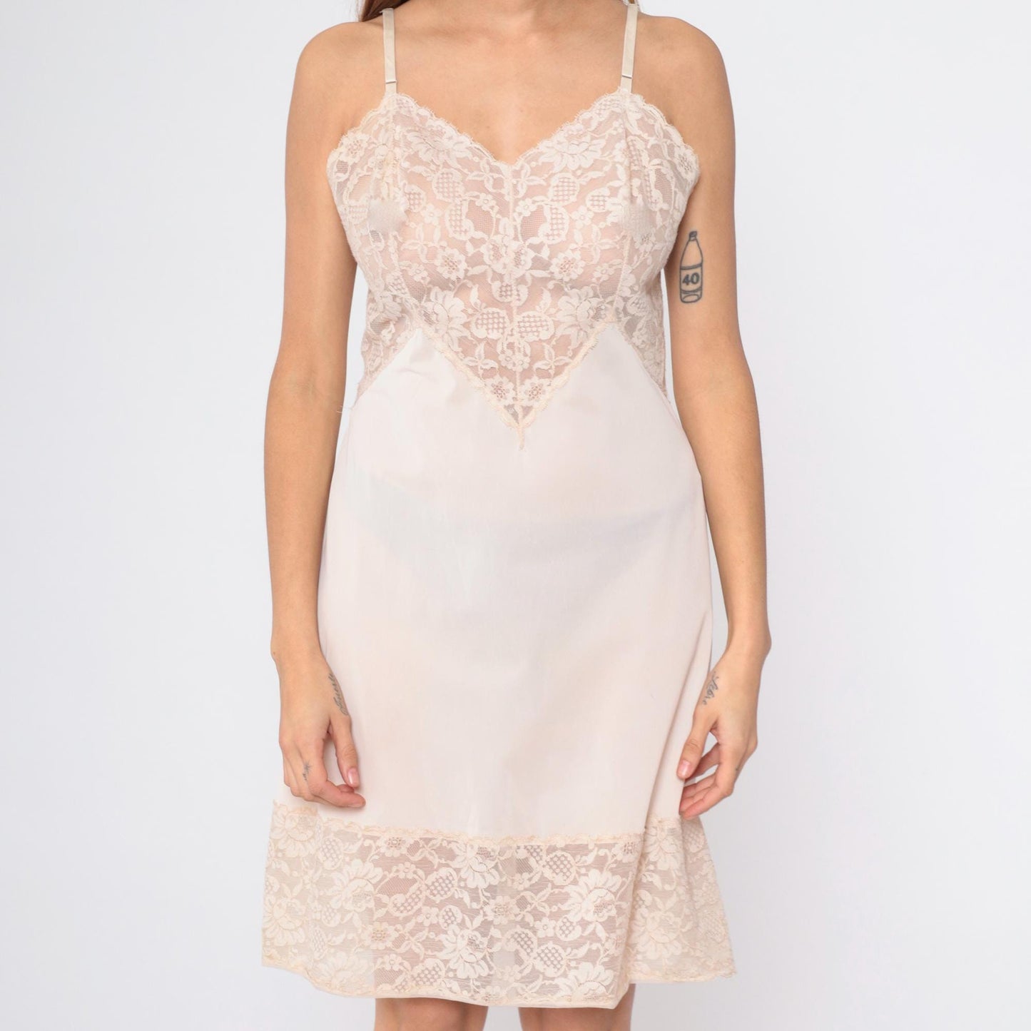 70s Vanity Fair Slip Dress Blush Beige Lace Trim Empire Waist Mini Medium