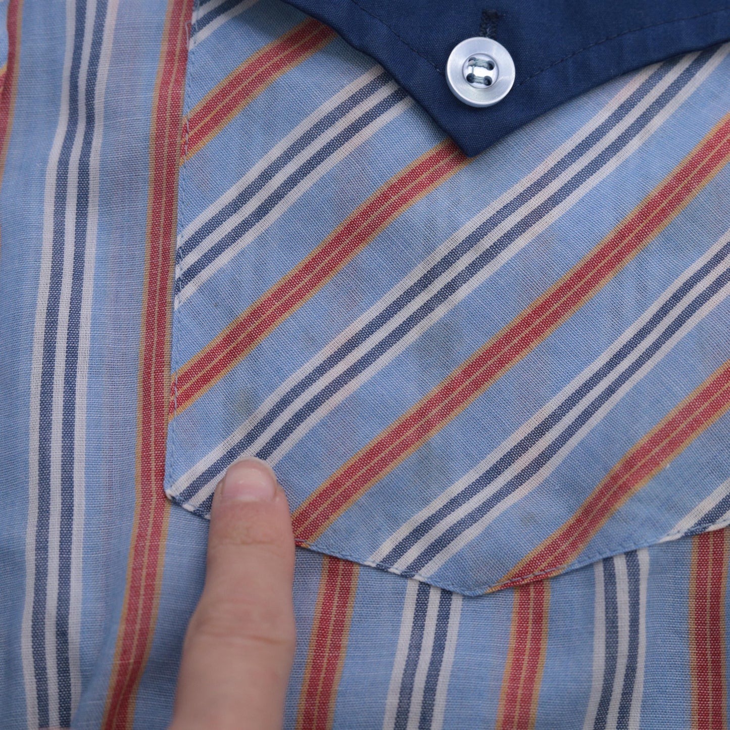 70s Western Shirt Blue Orange Striped Pearl Snap Dagger Collar Men's Medium