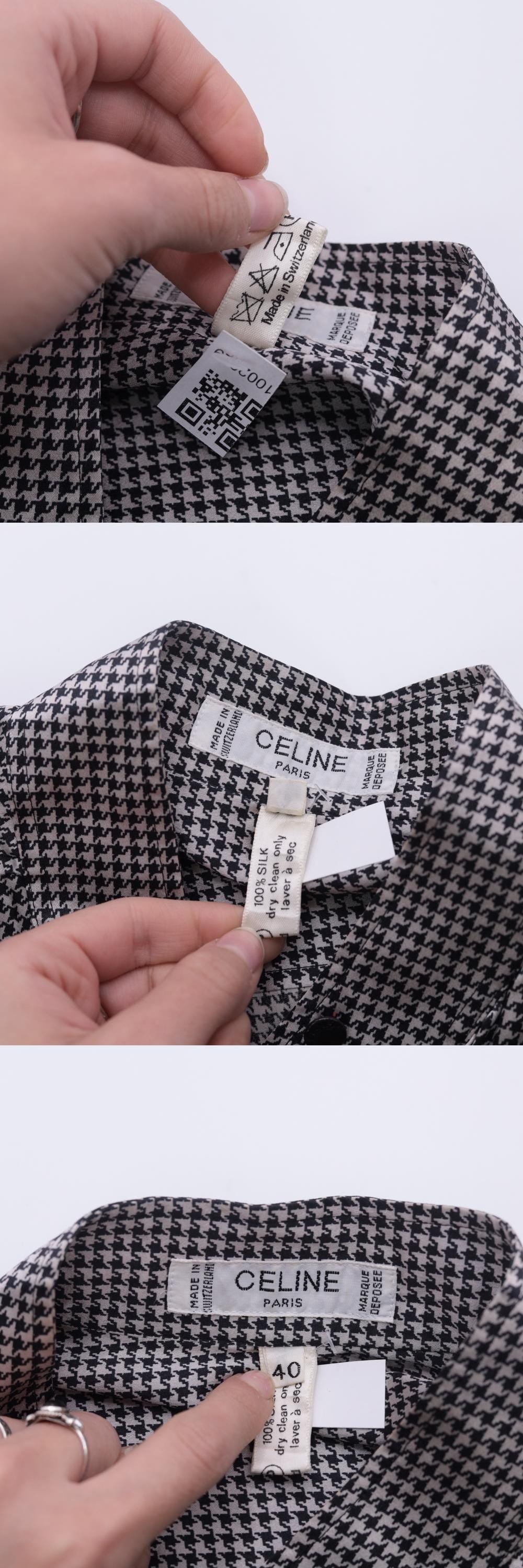 80s Celine Paris Silk Blouse Black White Houndstooth High Neck Small