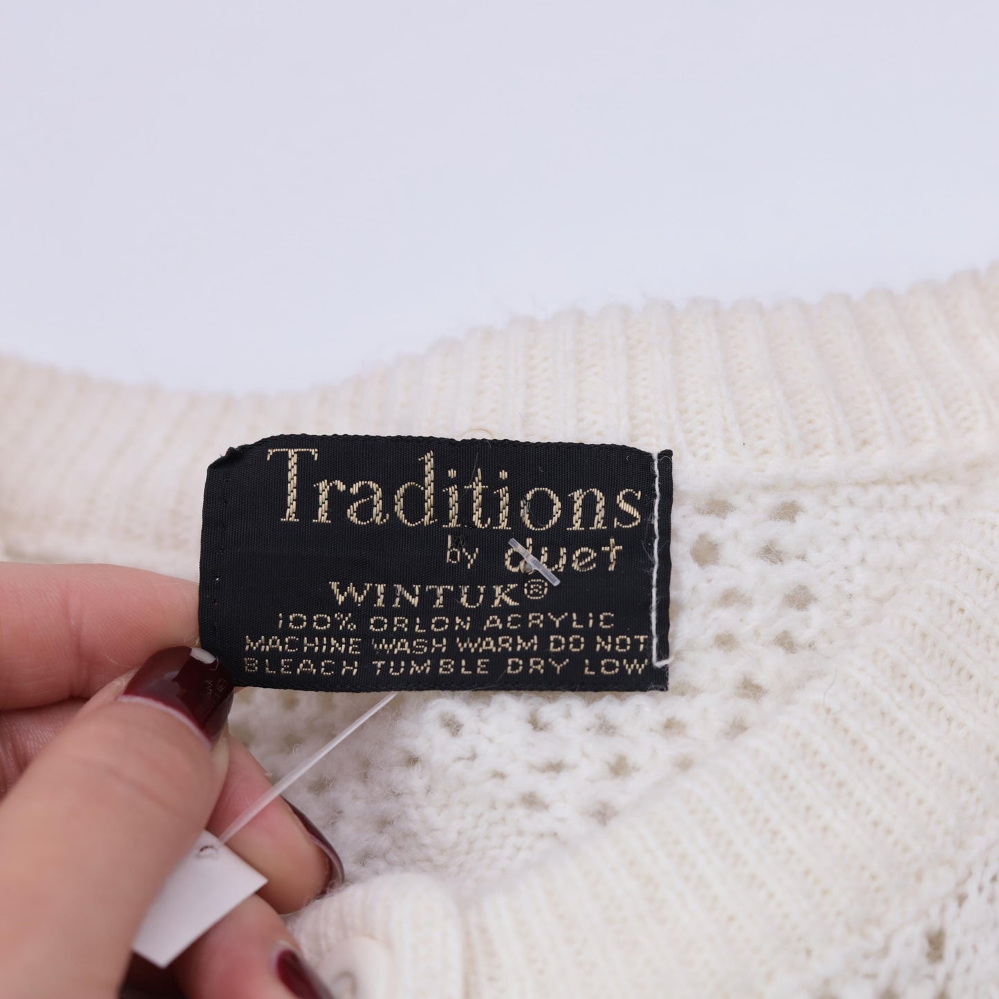 80s White Openwork Cardigan Leaf Motif Button-Up Crew Neck Small
