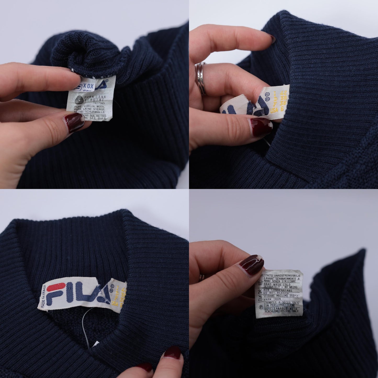 90s FILA Navy Wool Pullover Sweater Shawl Collar Ribbed Knit Small