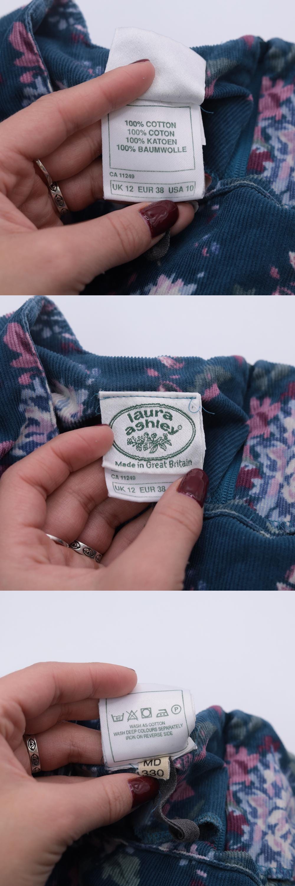 80s Laura Ashley Corduroy Floral Midi Dress Teal Puff Sleeve Medium