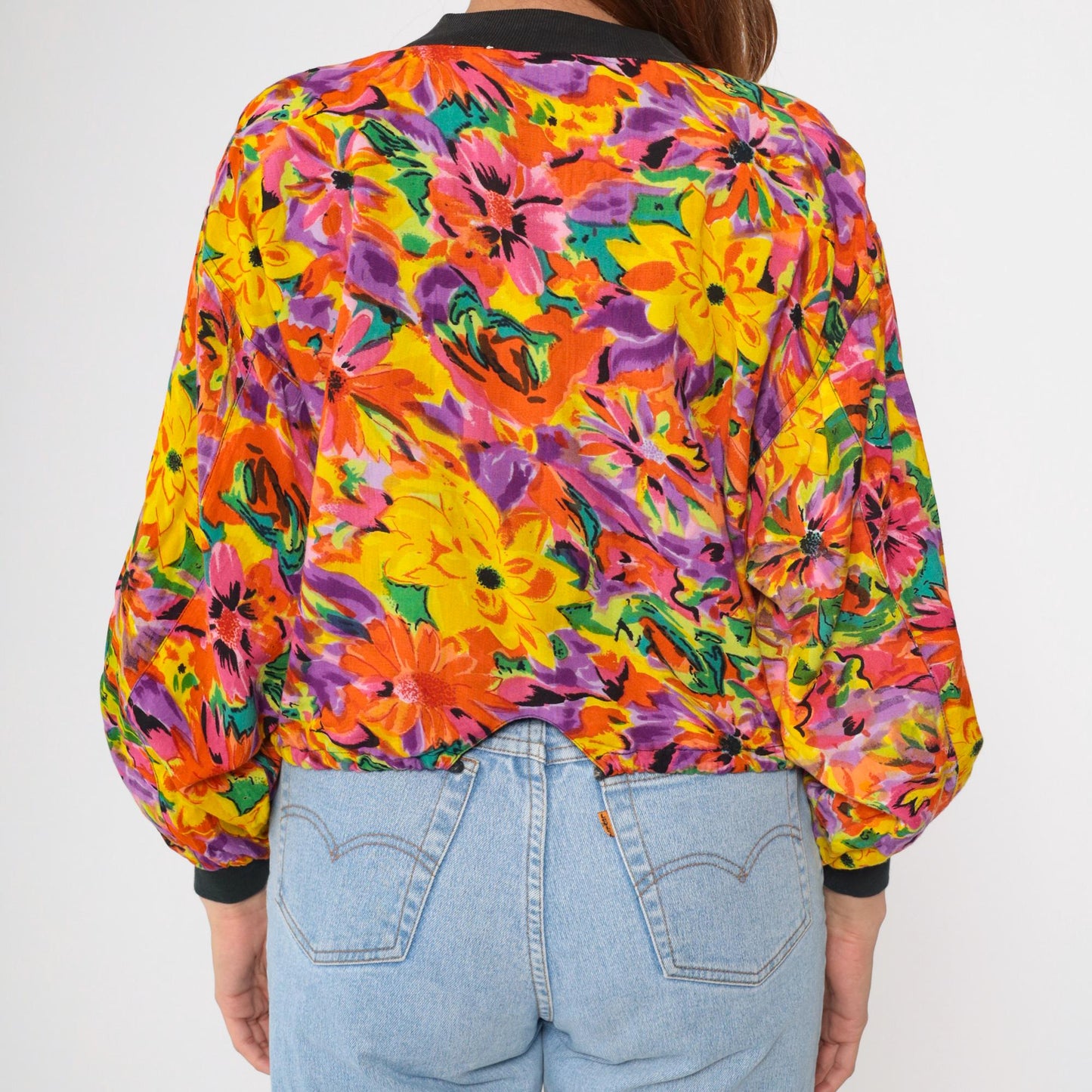 90s Floral Abstract Bomber Jacket Windbreaker Cropped Zip Drawstring Small