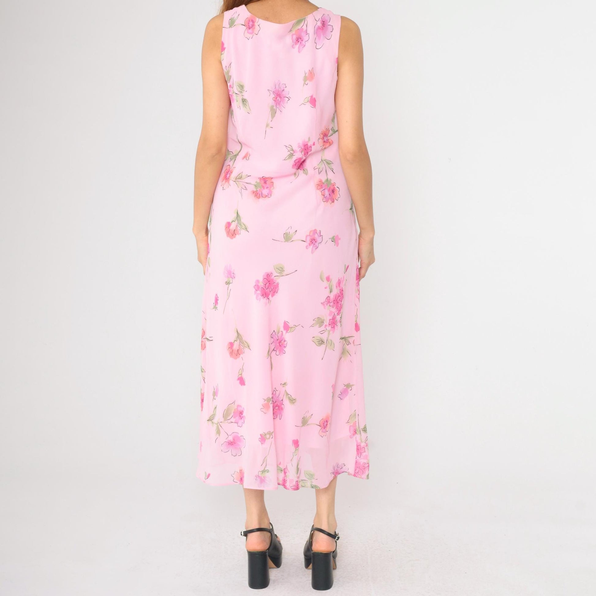 90s Pink Floral Maxi Dress Sleeveless Scoop Neck Chiffon Overlay Large 12