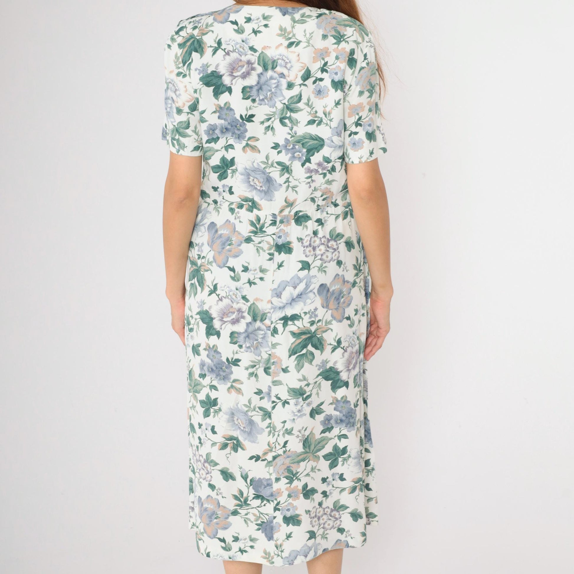 90s Floral Button Midi Dress White Blue Green Print Short Sleeve Medium M
