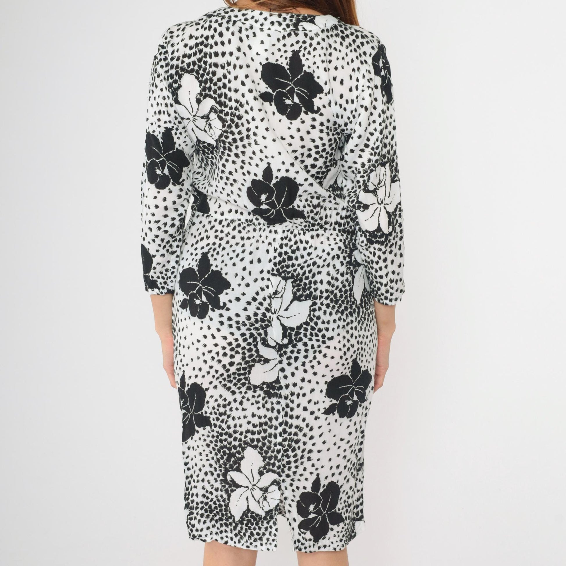80s Black White Tropical Floral Midi Dress High Waist Pencil Long Sleeve Small