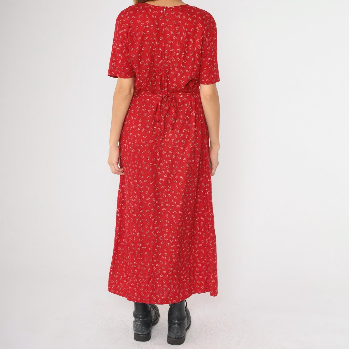 90s Betsy Lauren Red Floral Maxi Dress Scoop Neck Short Sleeve Medium