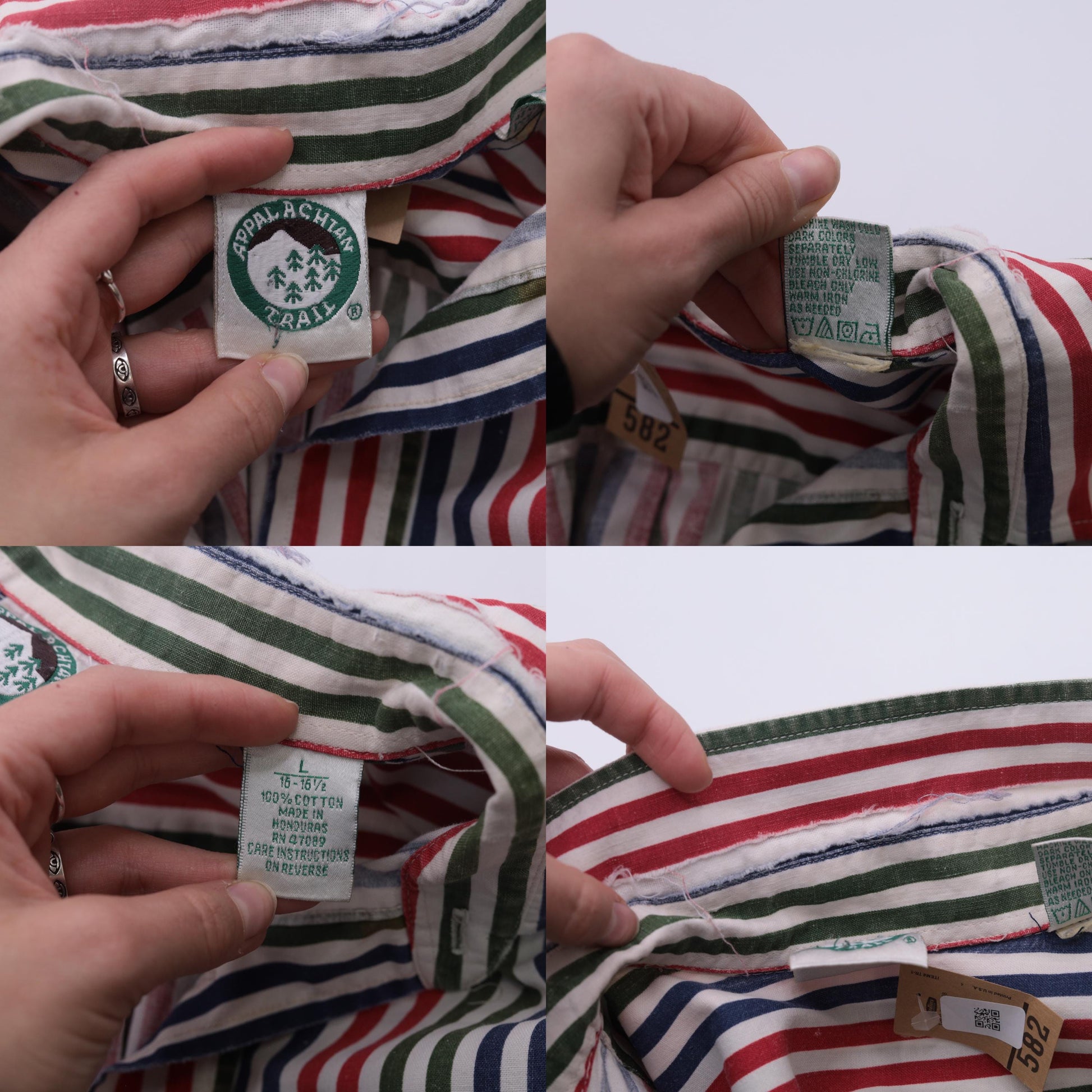 90s Appalachian Trail Striped Cotton Button-Up Shirt Green Blue Red Men's Large