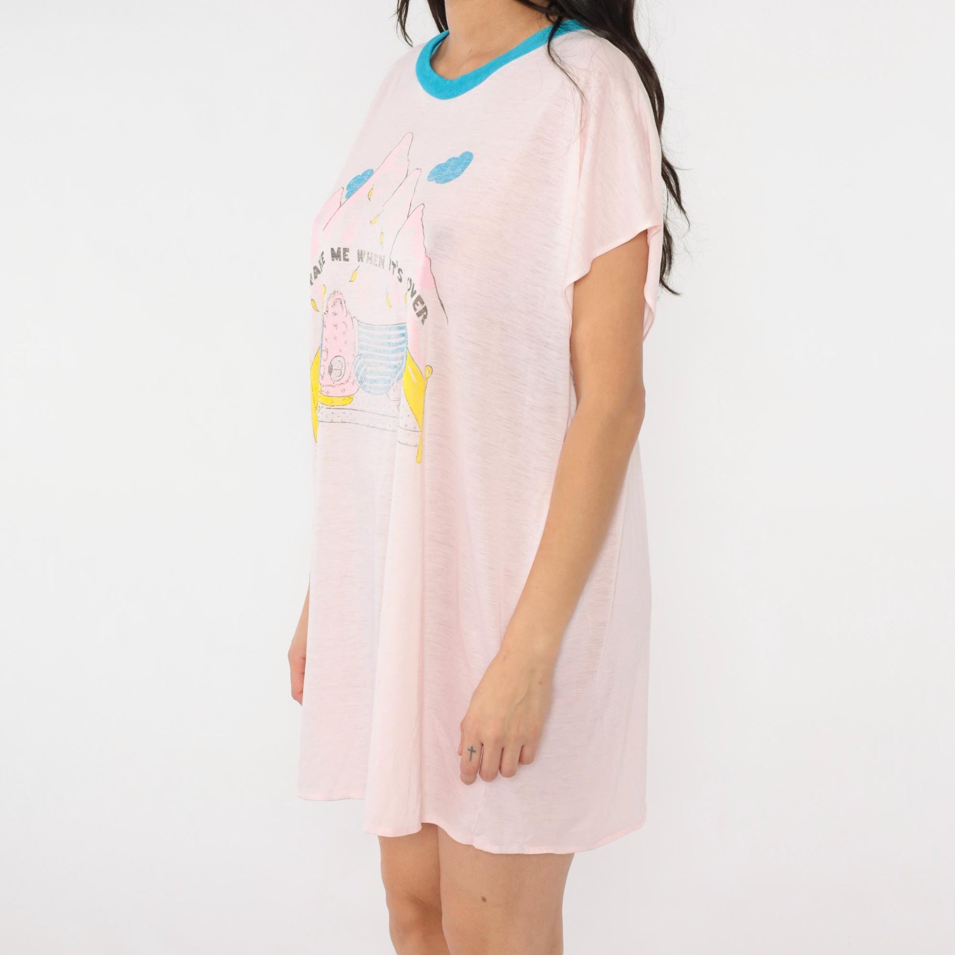 80s Teddy Bear Pajama Dress Wake Me When It's Over Ringer Nightgown Pink Small