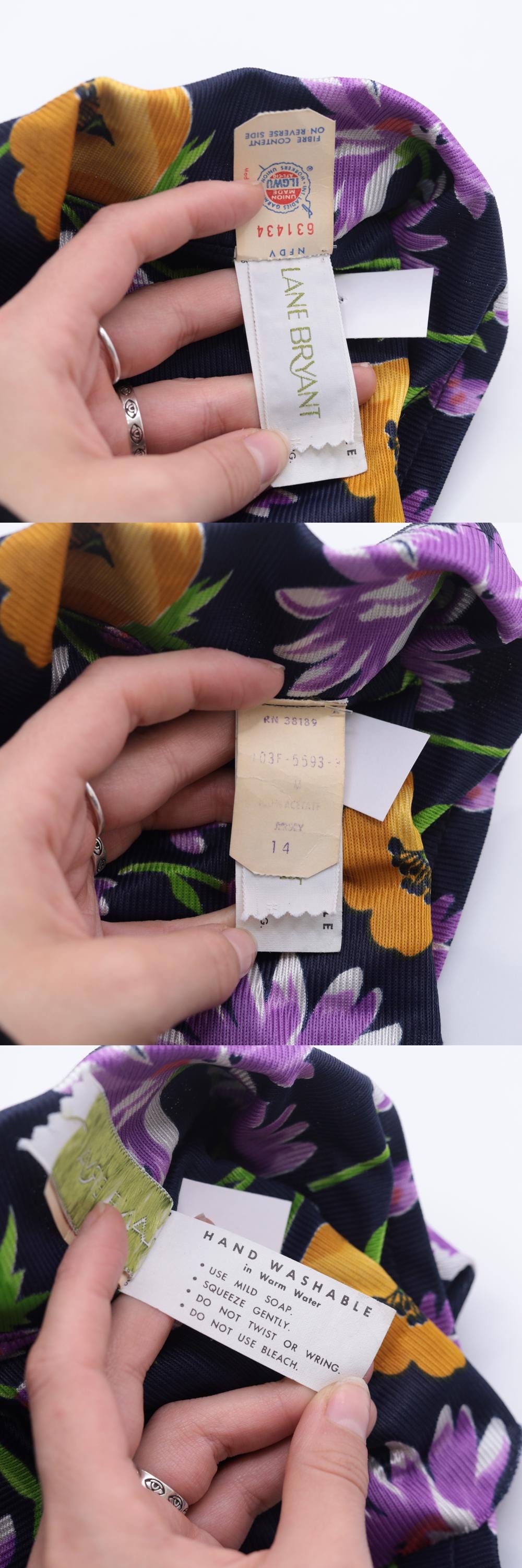 70s Lane Bryant Navy Floral Maxi Shirt Dress Dagger Collar Belt Small