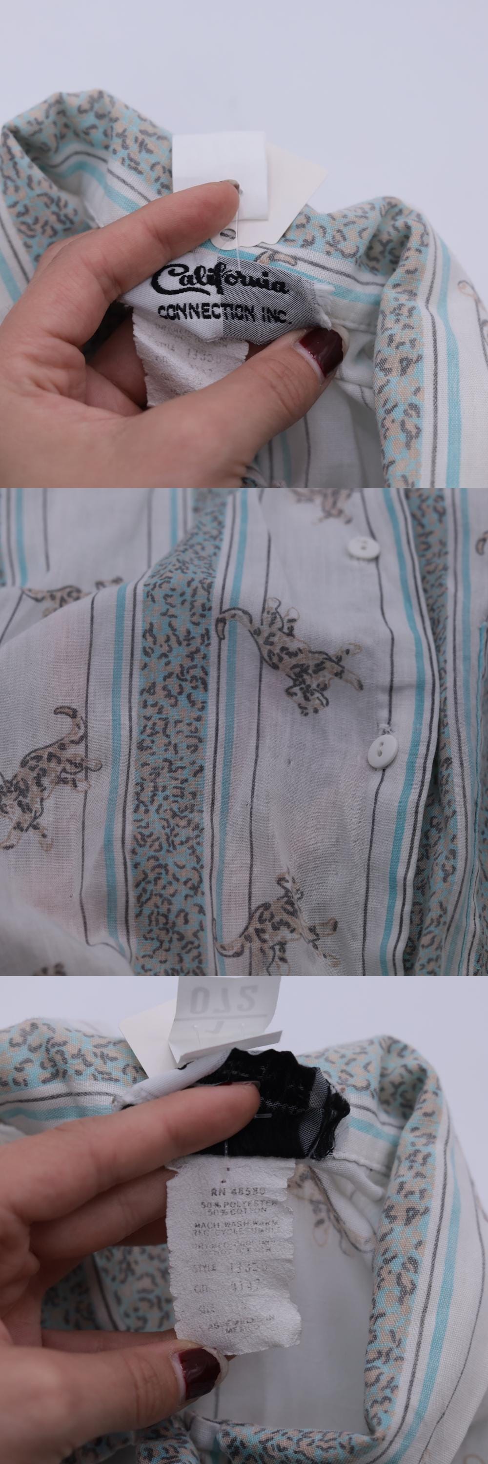80s Leopard Striped Button-Up Blouse White Blue 3/4 Sleeve Large