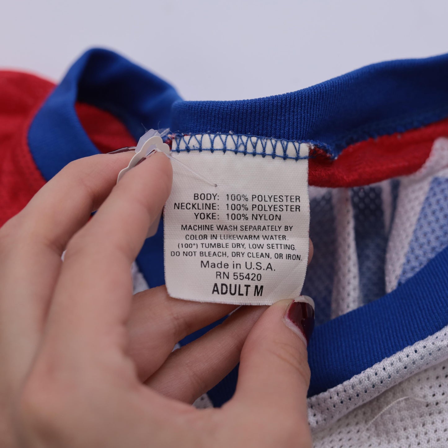 80s USA Mesh Hockey Jersey White Red Blue Block Lettering Medium
