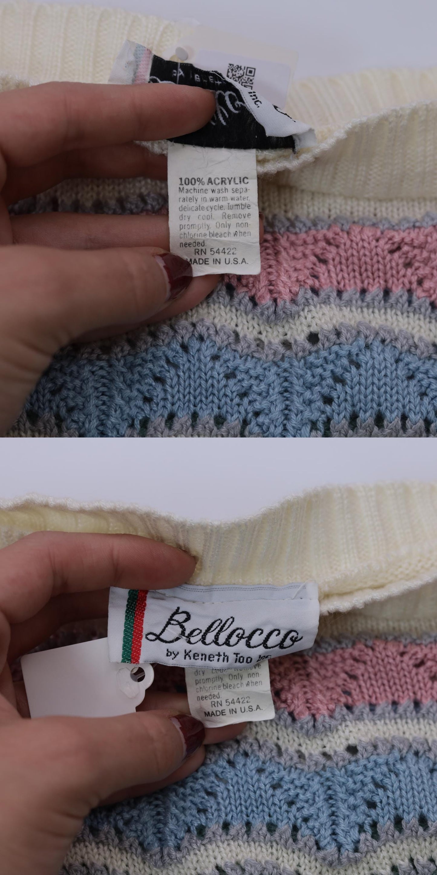80s Bellocco Pastel Striped Pointelle Sweater Boatneck Knit Medium