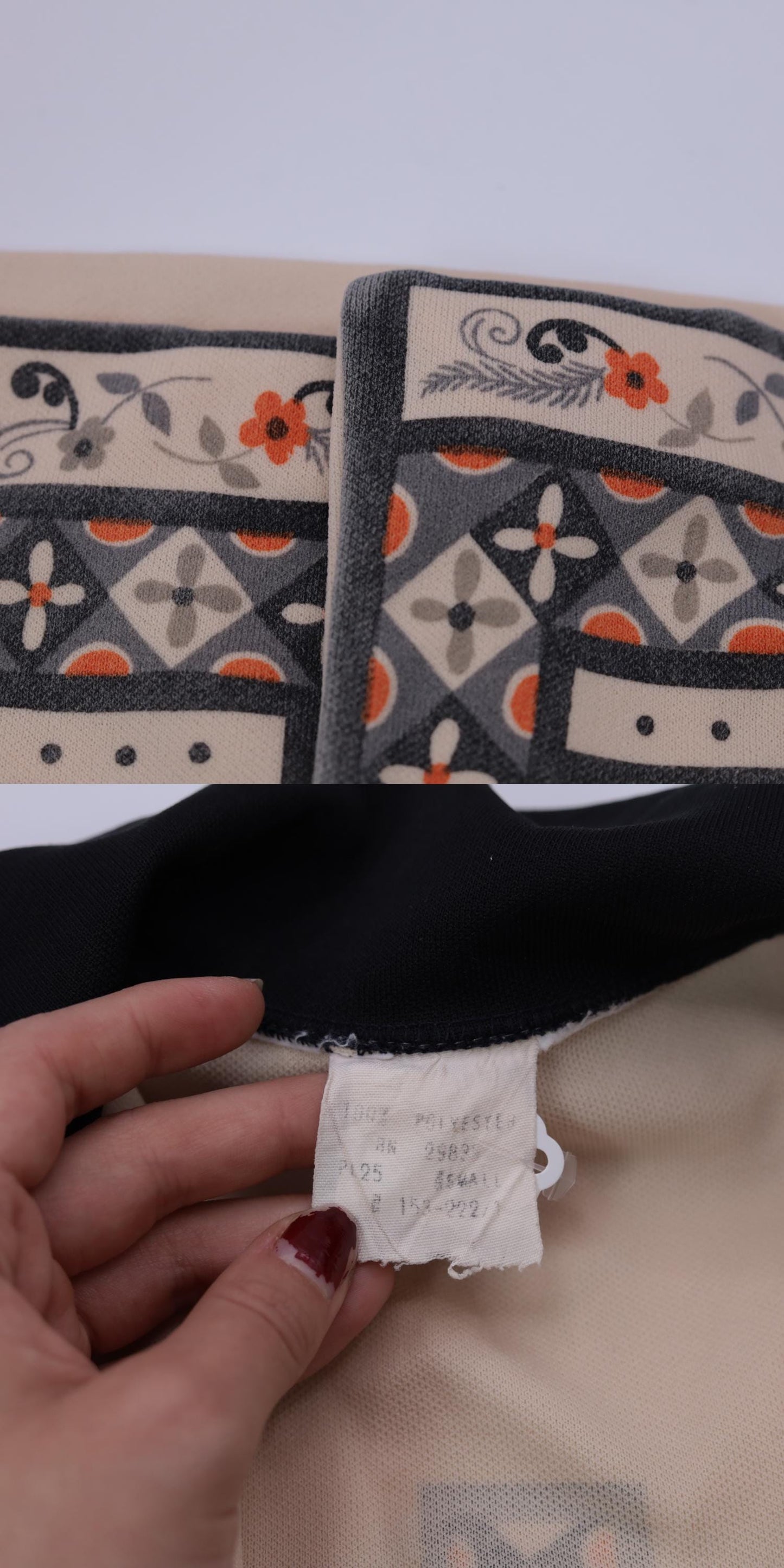 70s Mod Floral Blouse Beige Black Dagger Collar Button Down Small