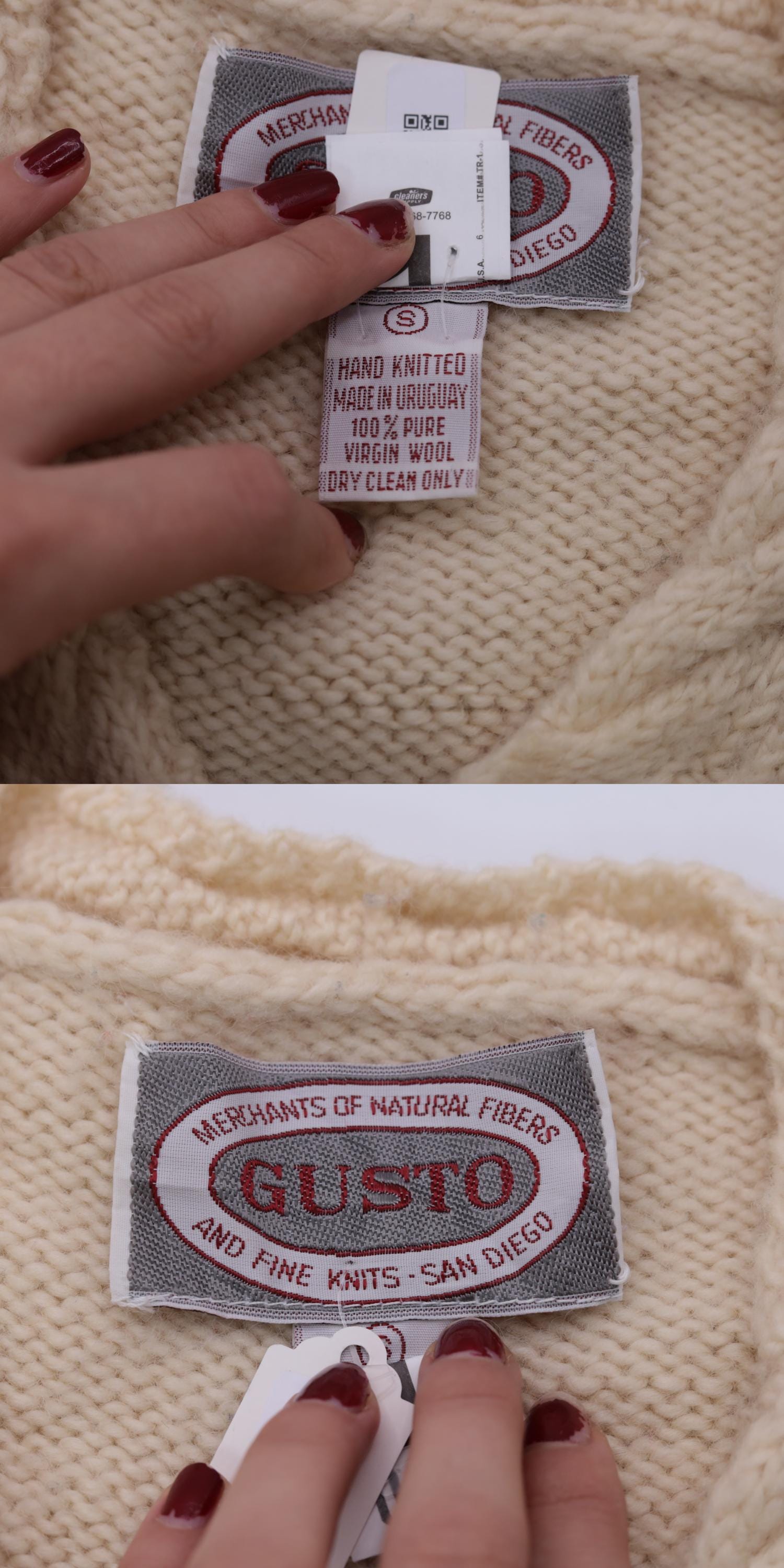 80s Gusto Wool Cable Knit Cardigan Cream Button-Up V-Neck Small