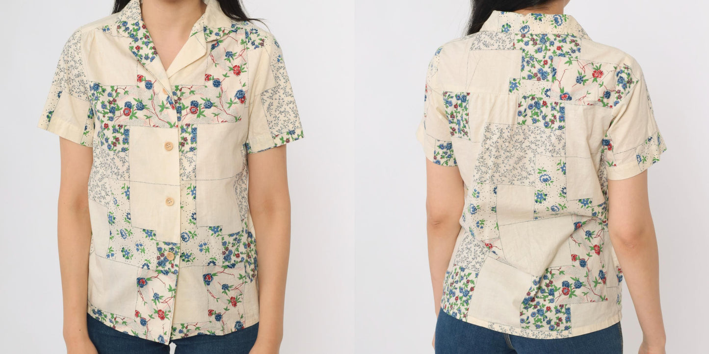 70s Patchwork Floral Cream Button Up Blouse Short Sleeve Collared Extra Small