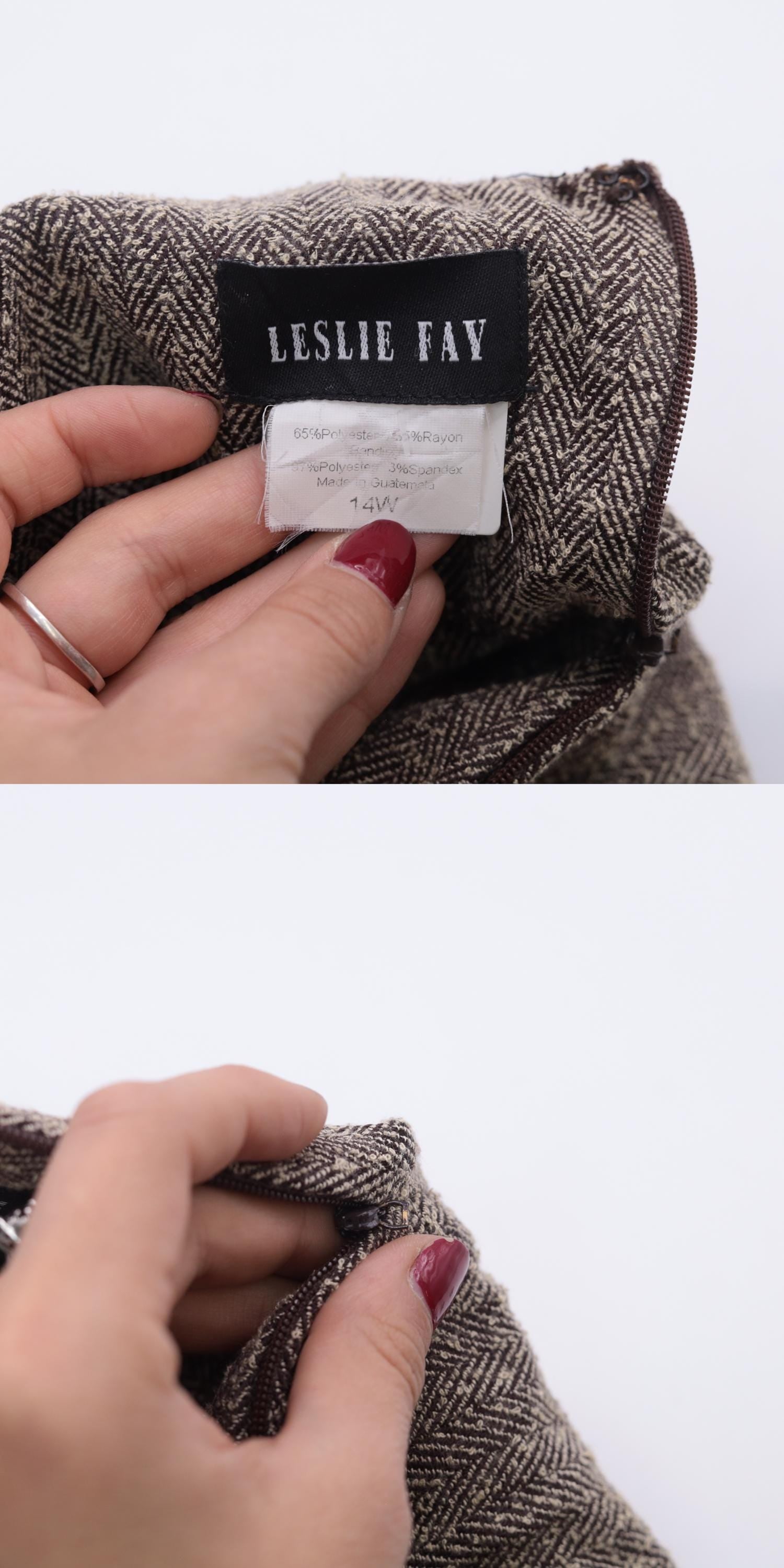 Y2K Leslie Fay Brown Herringbone Midi Dress Sleeveless Sheath Plus Size 14W
