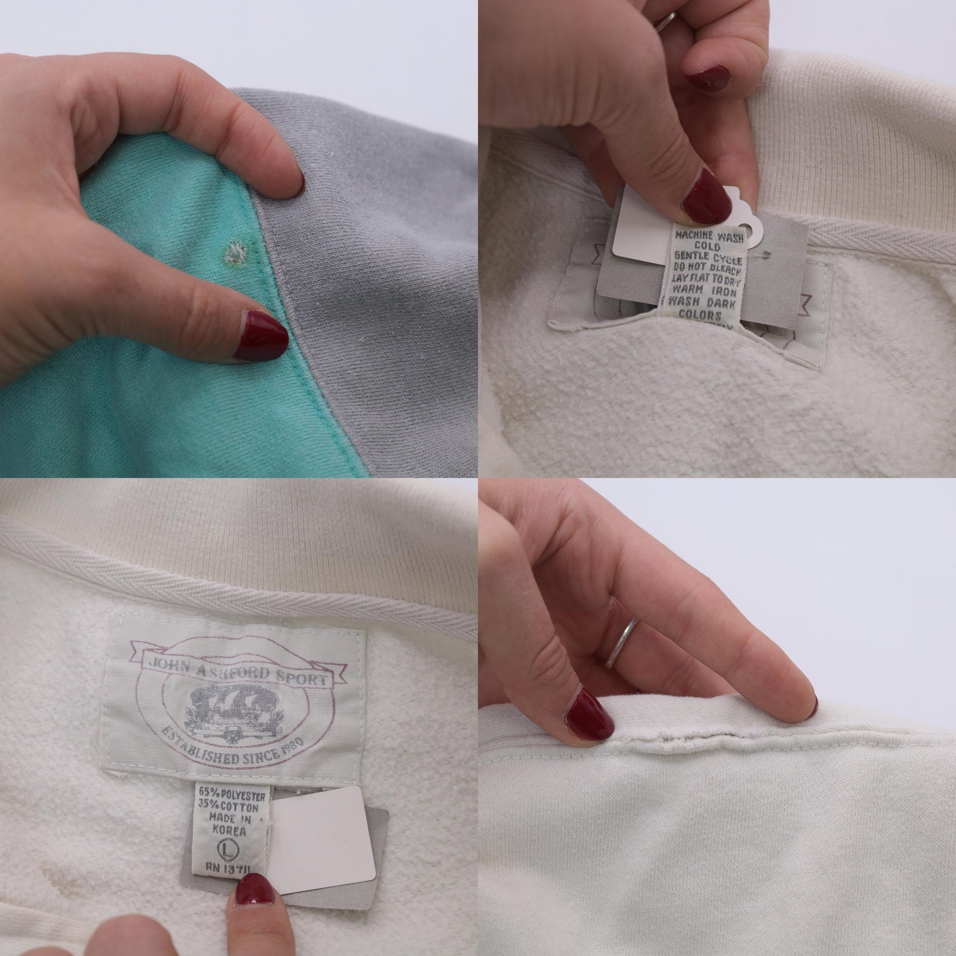 90s John Ashford Sport Colorblock Polo Sweatshirt Off-White Aqua Grey Large L