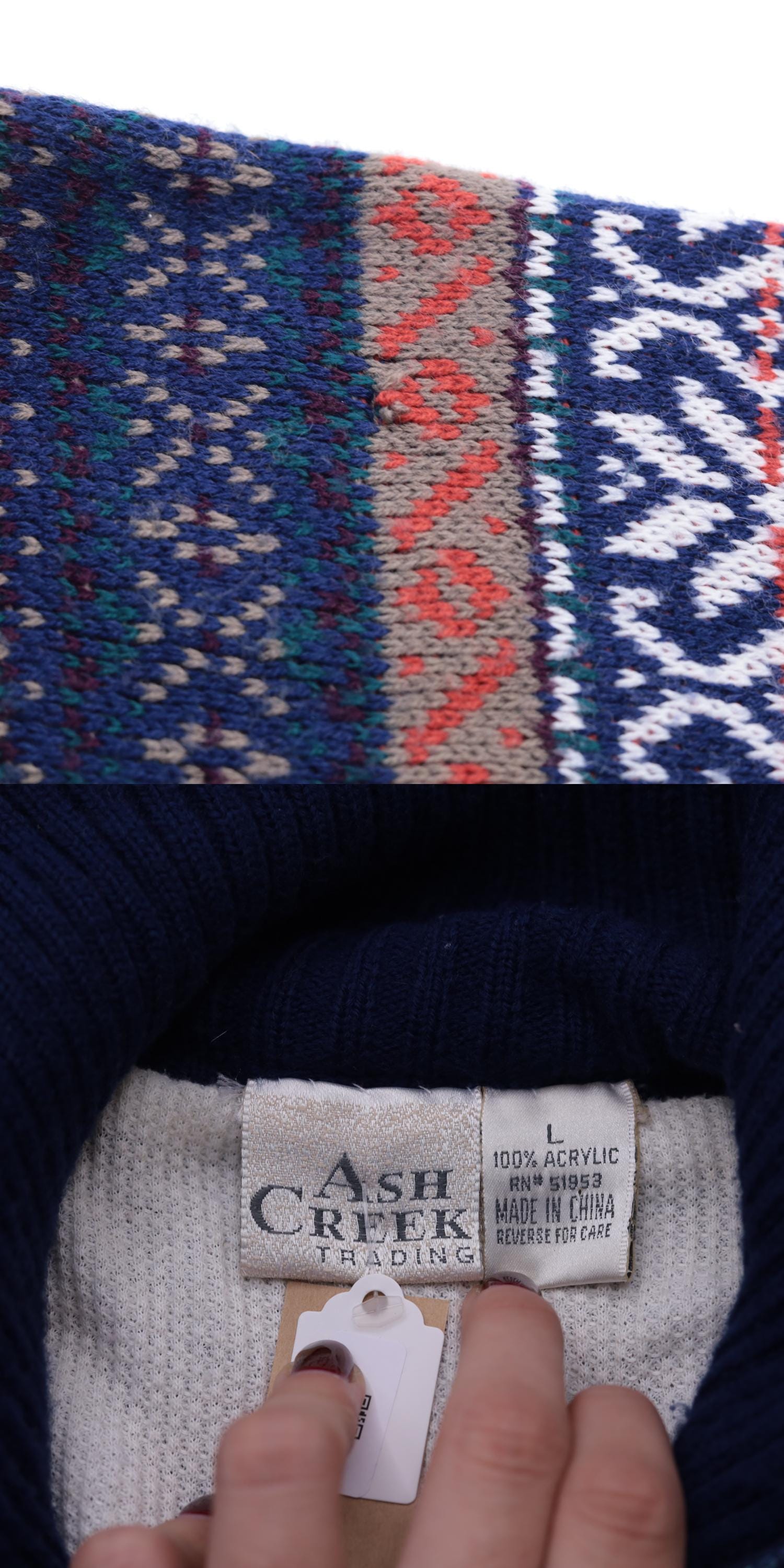 00s Fair Isle Cardigan Navy Blue Zip-Up Knit Sweater Large L