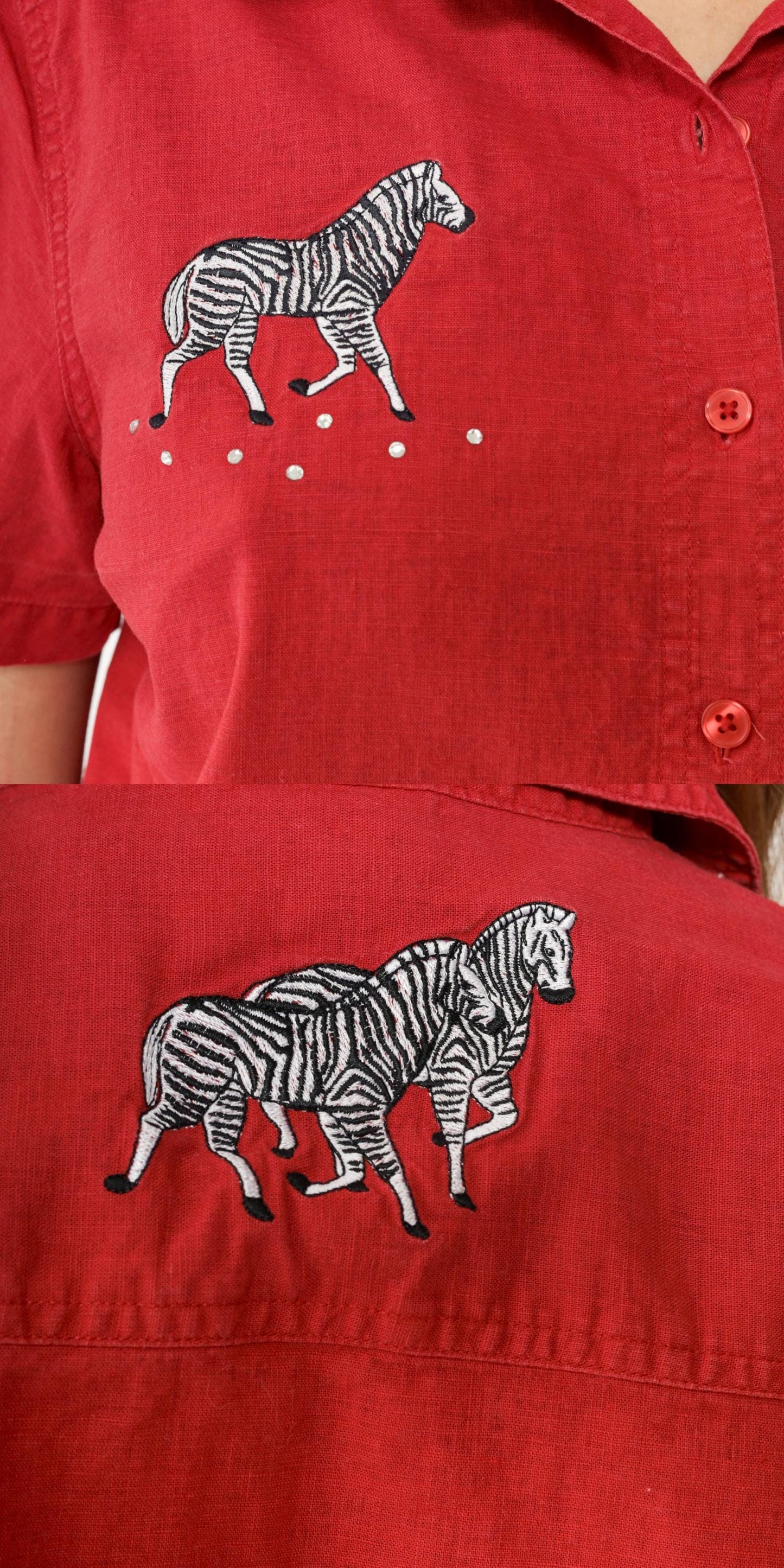 90s Cabin Creek Zebra Rhinestone Button-Up Blouse Red Linen Cotton Petite Large