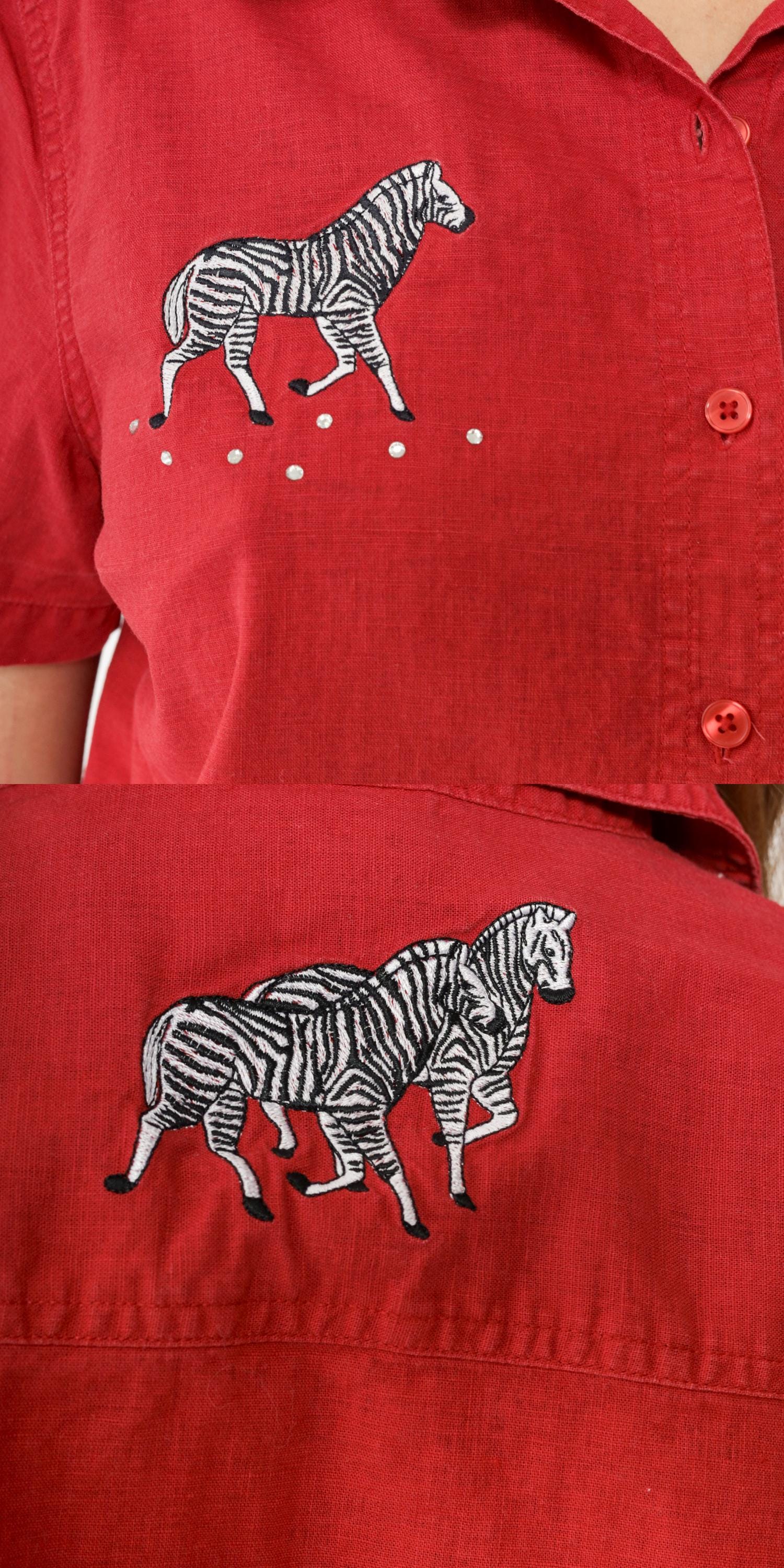 90s Cabin Creek Zebra Rhinestone Button-Up Blouse Red Linen Cotton Petite Large