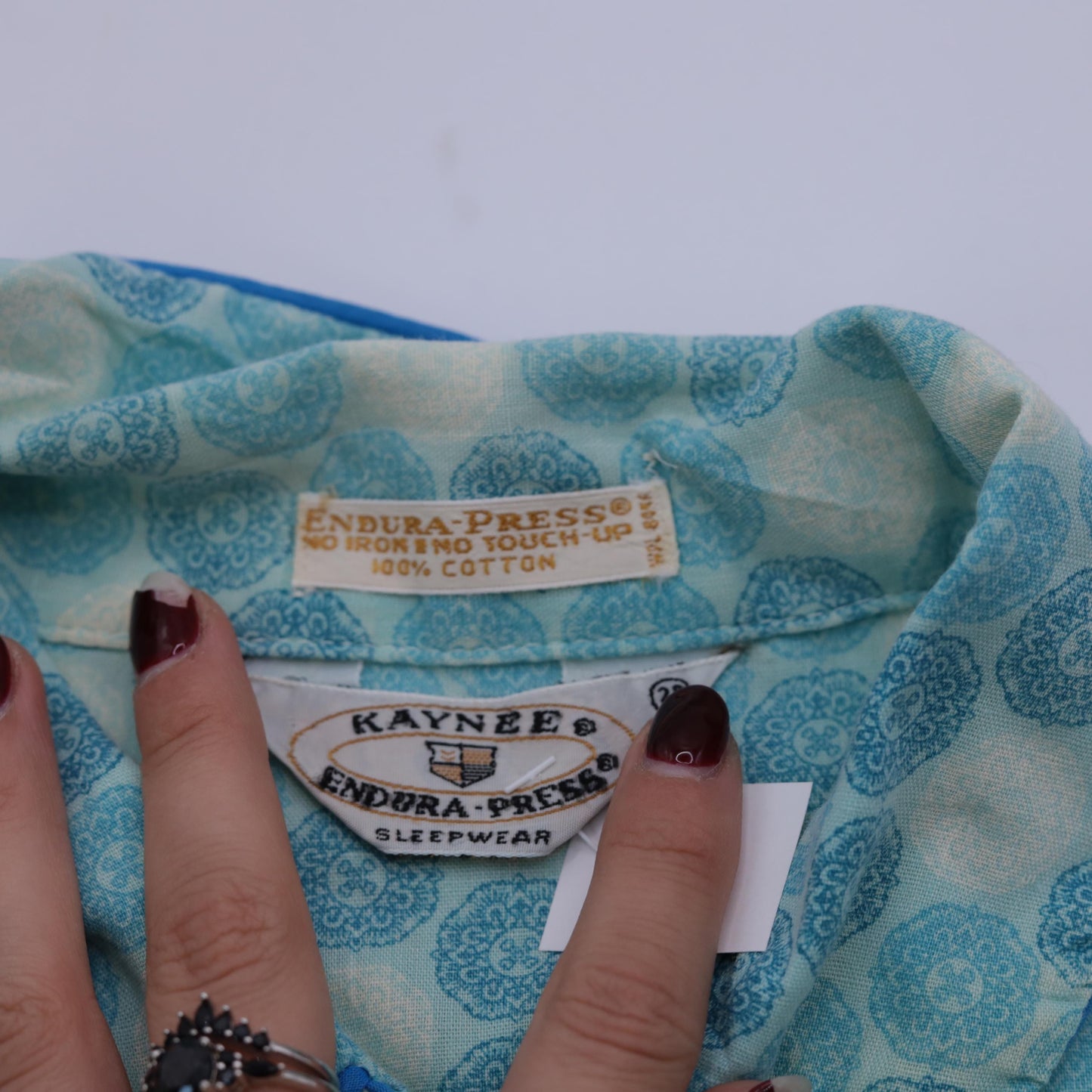 70s Kaynee Endura Press Pajama Shirt Blue Geometric Mandala Medium