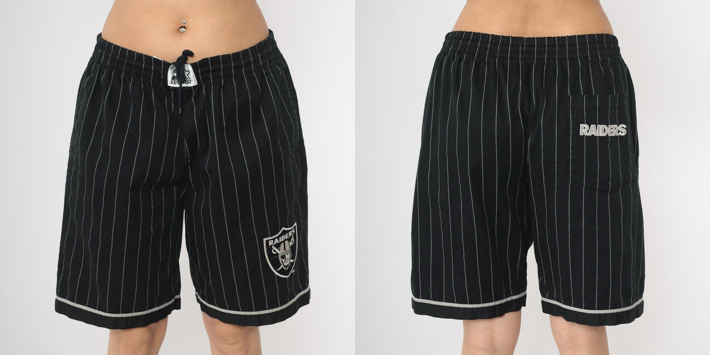90s Starter Raiders NFL Shorts Black Pinstriped Elastic Waist Large
