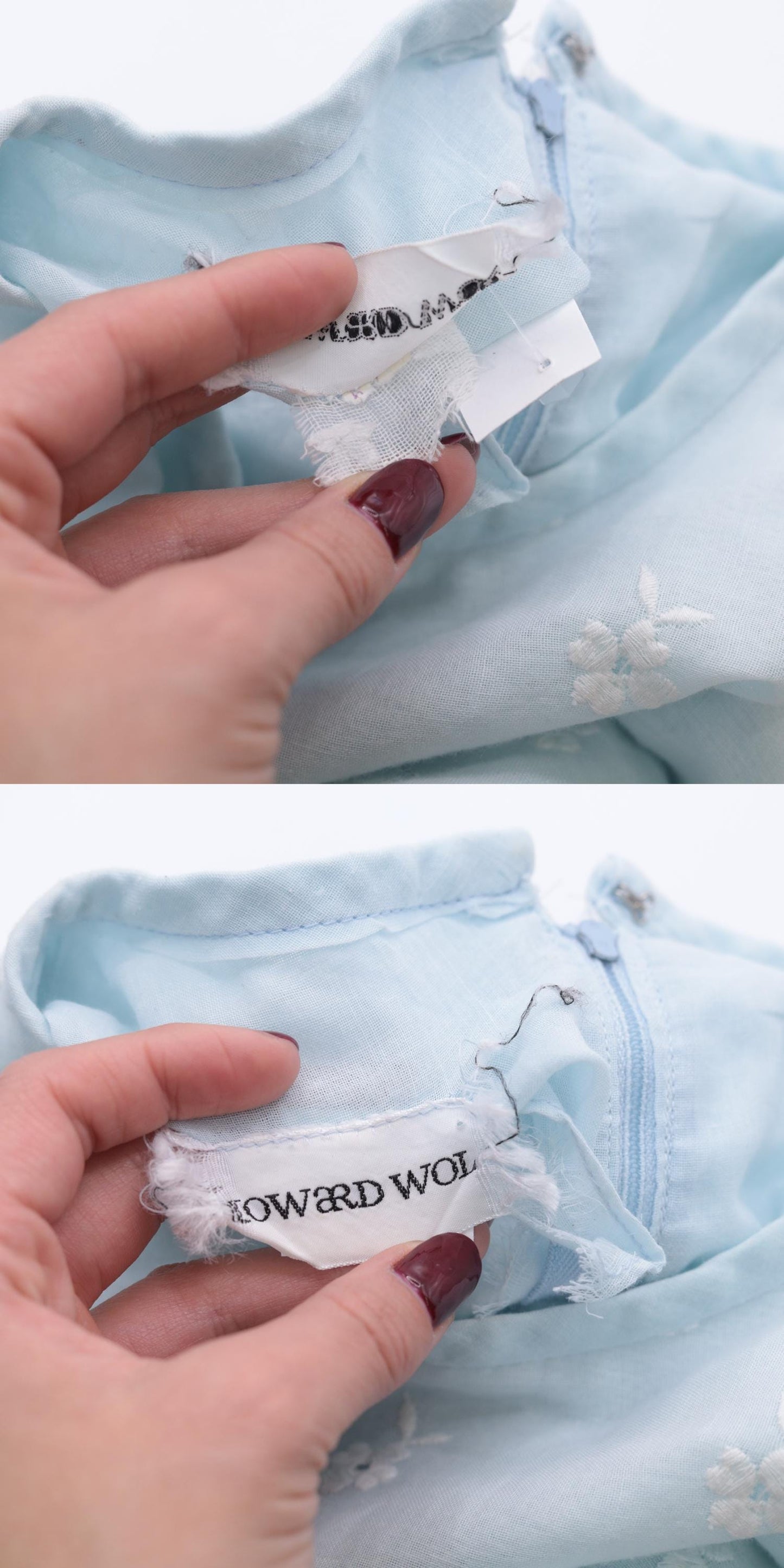 60s Howard Wolf Baby Blue Eyelet Lace Mini Dress Long Sleeve Small S