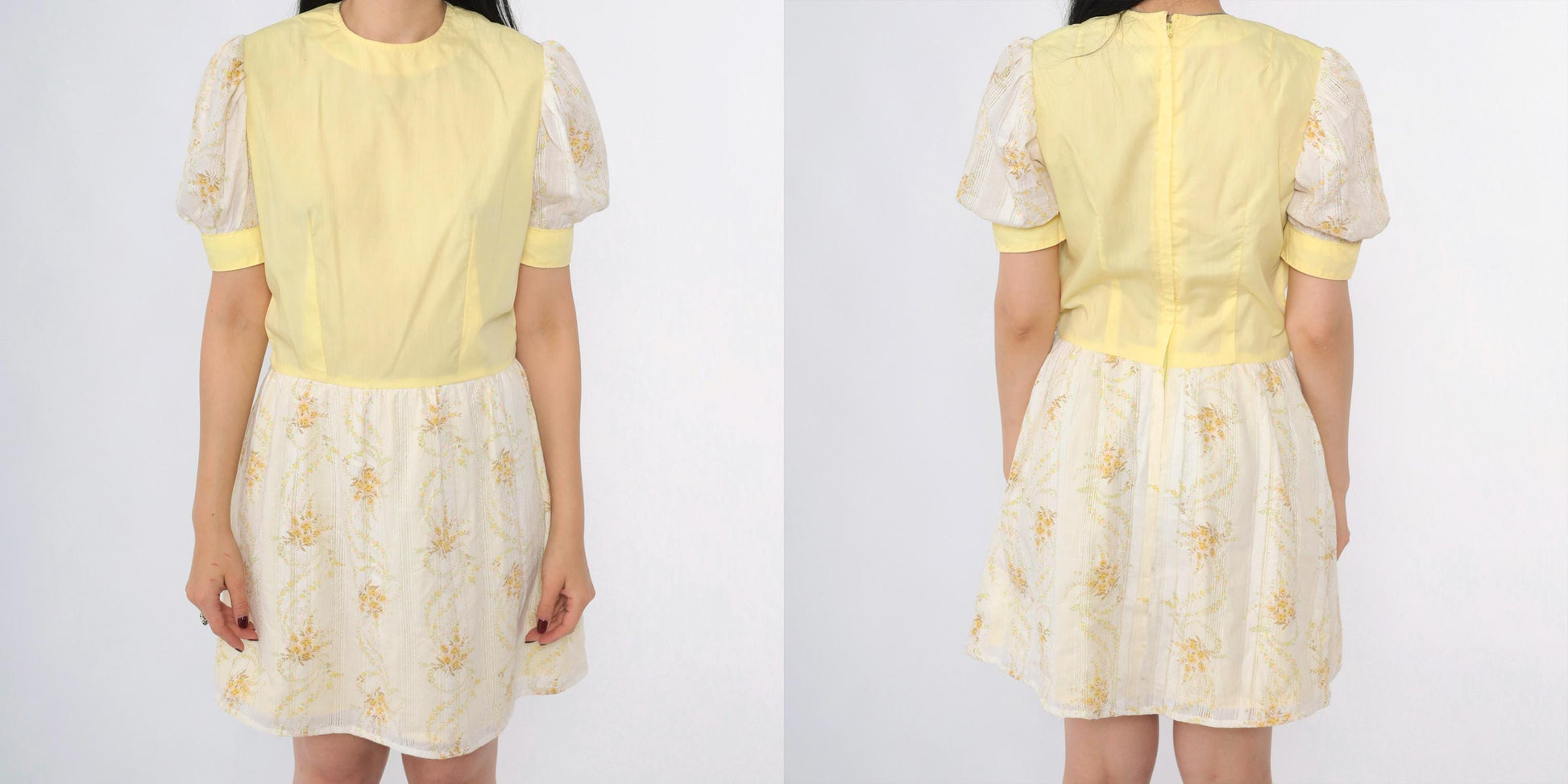 70s Puff Sleeve Floral Mini Dress Yellow White High Waist Small